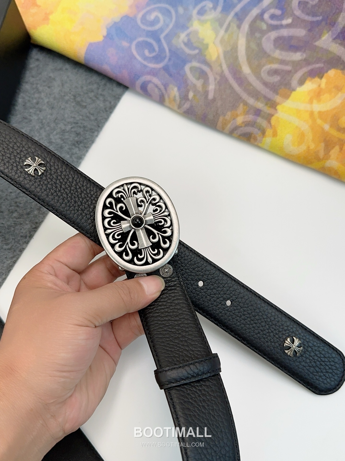 Chrome Hearts Calfskin Leather Belt with Logo Buckle Palladium 크롬하츠 카프스킨 레더 벨트 로고 버클 황동 베이스 팔라듐 피니시 3.8cm 2