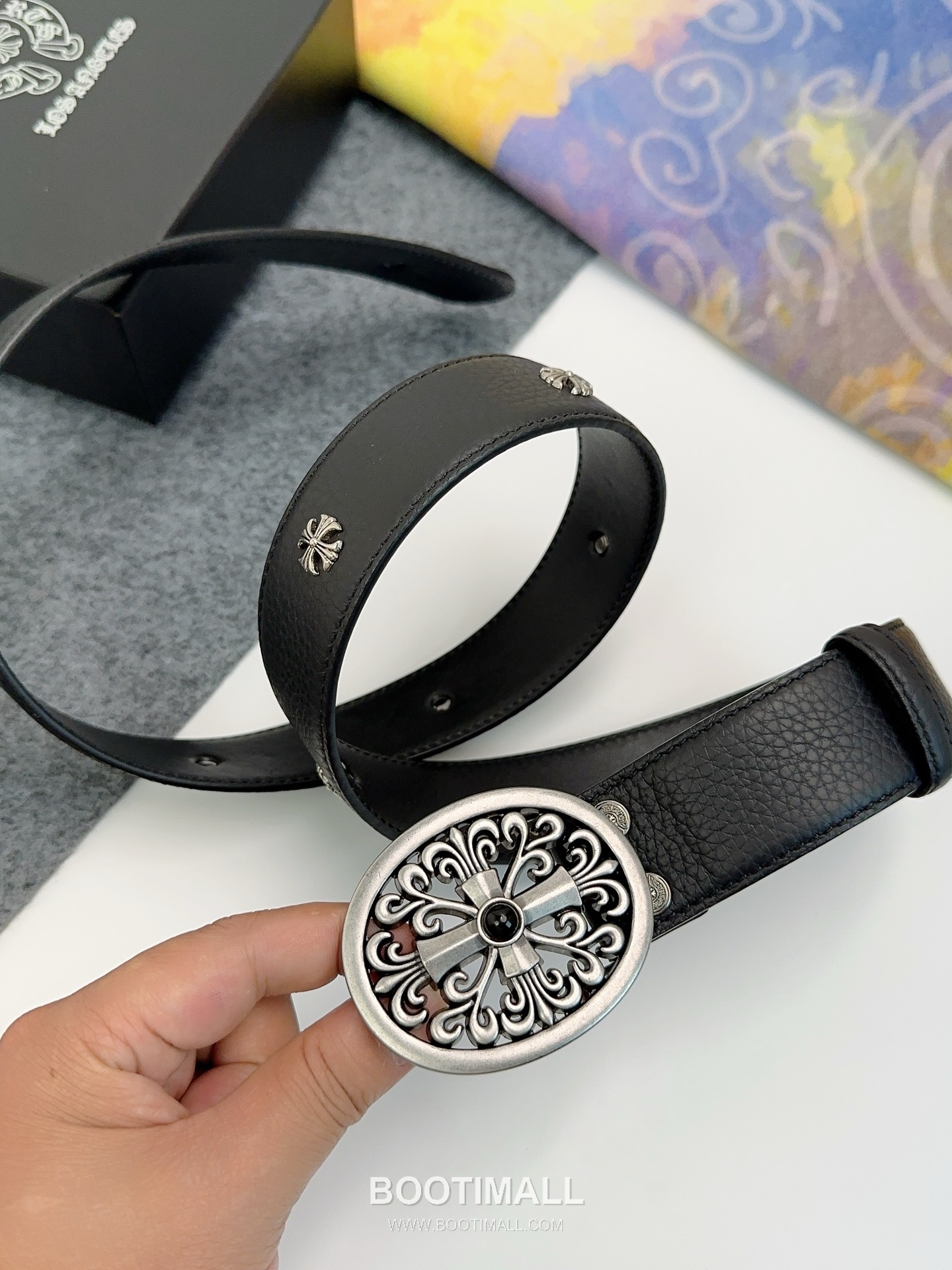 Chrome Hearts Calfskin Leather Belt with Logo Buckle Palladium 크롬하츠 카프스킨 레더 벨트 로고 버클 황동 베이스 팔라듐 피니시 3.8cm 3