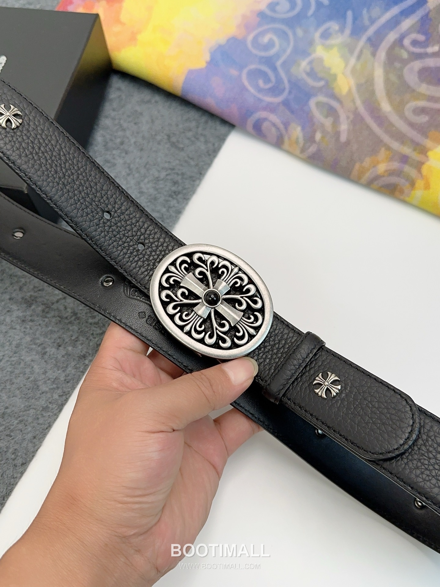 Chrome Hearts Calfskin Leather Belt with Logo Buckle Palladium 크롬하츠 카프스킨 레더 벨트 로고 버클 황동 베이스 팔라듐 피니시 3.8cm 4