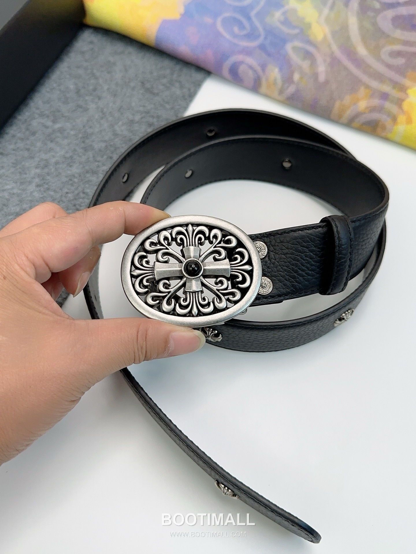 Chrome Hearts Calfskin Leather Belt with Logo Buckle Palladium 크롬하츠 카프스킨 레더 벨트 로고 버클 황동 베이스 팔라듐 피니시 3.8cm 6