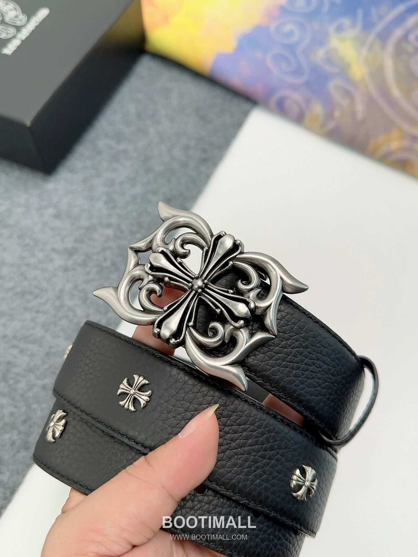 Chrome Hearts Calfskin Leather Belt with Logo Buckle Palladium 크롬하츠 카프스킨 레더 벨트 로고 버클 황동 베이스 팔라듐 피니시 3.8cm 1