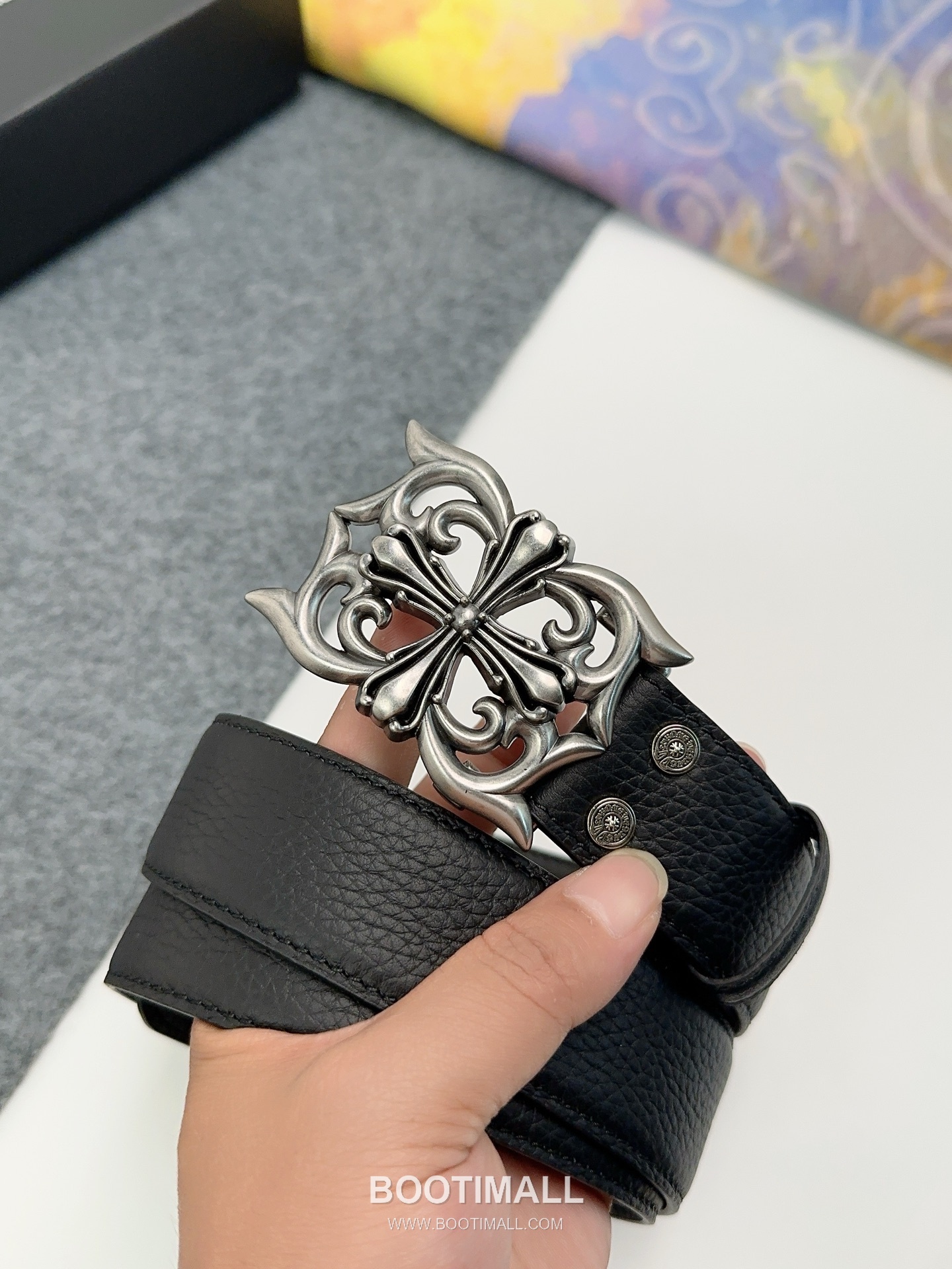 Chrome Hearts Calfskin Leather Belt with Logo Buckle Palladium 크롬하츠 카프스킨 레더 벨트 로고 버클 황동 베이스 팔라듐 피니시 3.8cm 1