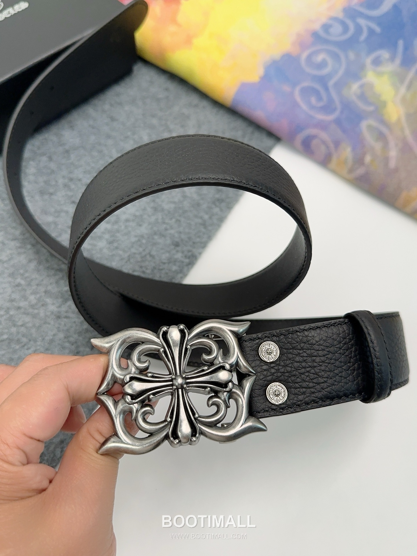 Chrome Hearts Calfskin Leather Belt with Logo Buckle Palladium 크롬하츠 카프스킨 레더 벨트 로고 버클 황동 베이스 팔라듐 피니시 3.8cm 3