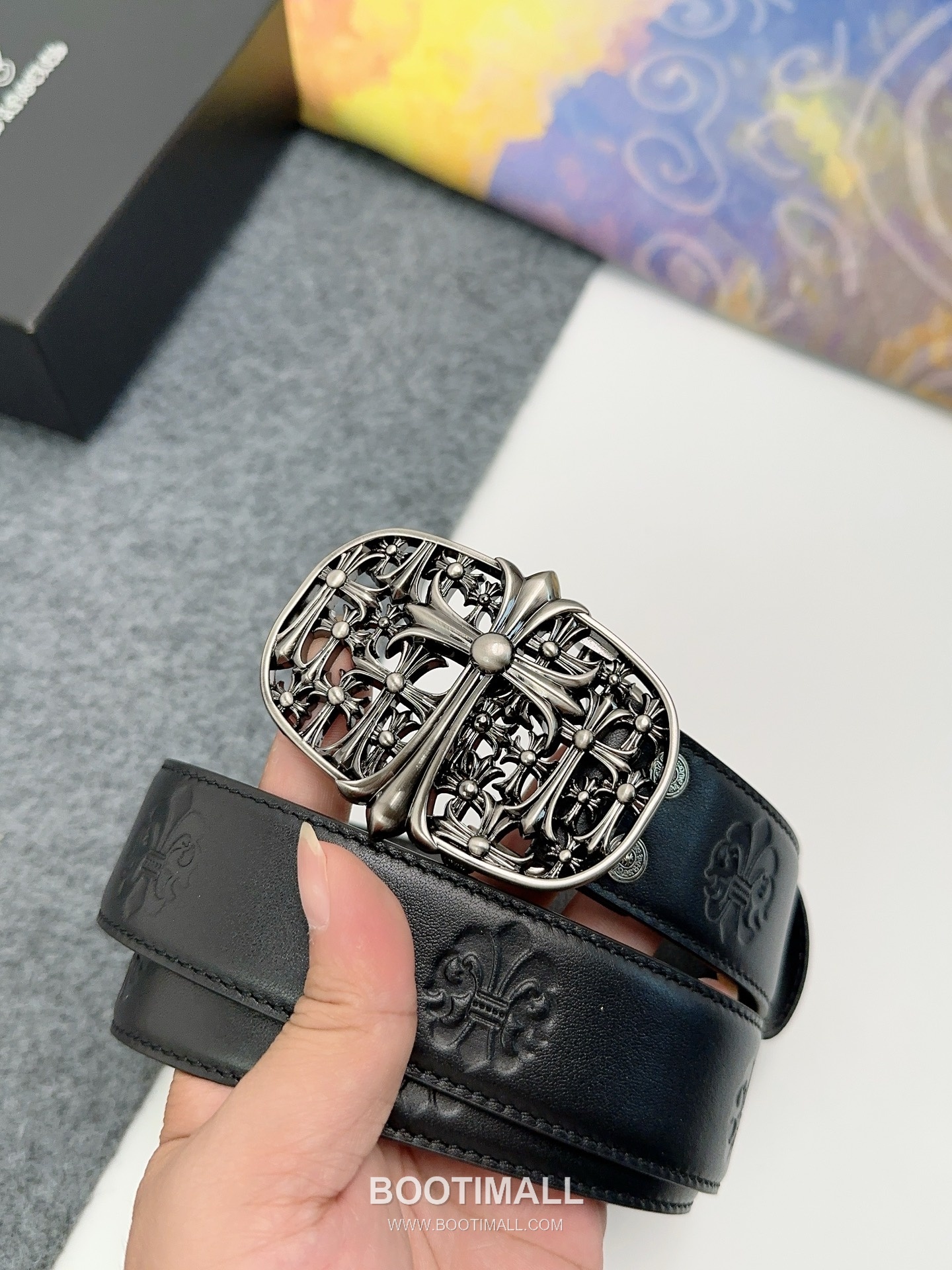 Chrome Hearts Calfskin Leather Belt with Logo Buckle Palladium 크롬하츠 카프스킨 레더 벨트 로고 버클 황동 베이스 팔라듐 피니시 3.8cm 1