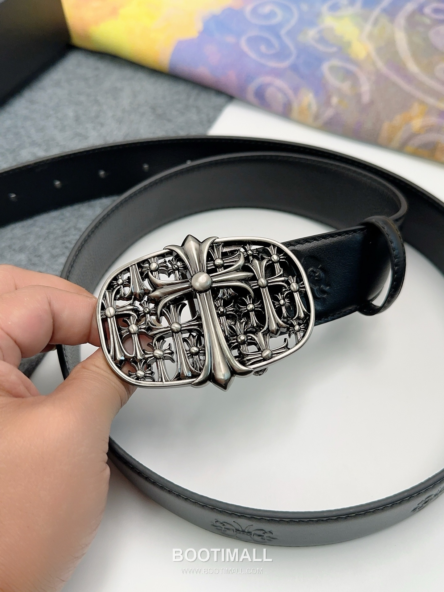 Chrome Hearts Calfskin Leather Belt with Logo Buckle Palladium 크롬하츠 카프스킨 레더 벨트 로고 버클 황동 베이스 팔라듐 피니시 3.8cm 6