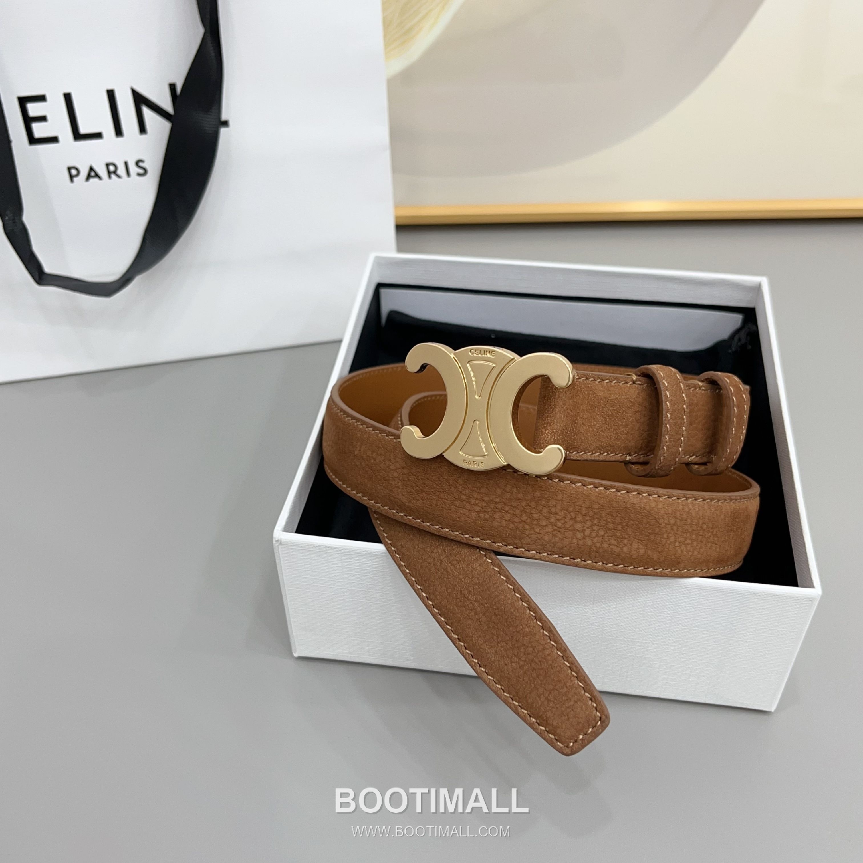 Celine Triomphe Suede Leather Belt with Triomphe Buckle Gold-Plated 셀린느 트리옹프 스웨이드 레더 벨트 트리옹프 버클 황동 베이스 금도금 2.5cm 6