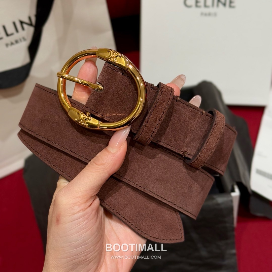 Celine Twin Triomphe Suede Calfskin Leather Belt with Triomphe Buckle Gold-Plated 셀린느 트윈 트리옹프 스웨이드 카프스킨 레더 벨트 트리옹프 버클 황동 베이스 금도금 3.5cm 2
