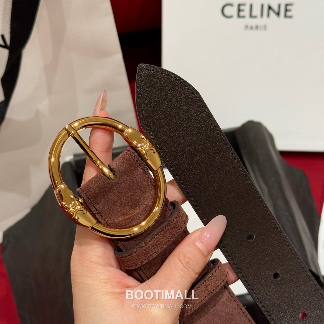 Celine Twin Triomphe Suede Calfskin Leather Belt with Triomphe Buckle Gold-Plated 셀린느 트윈 트리옹프 스웨이드 카프스킨 레더 벨트 트리옹프 버클 황동 베이스 금도금 3.5cm 5