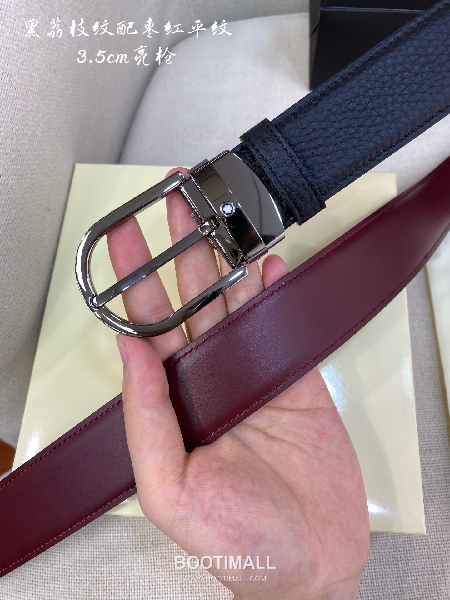 Montblanc Calfskin Leather Belt with Pin Buckle Palladium 몽블랑 카프스킨 레더 벨트 핀 버클 황동 베이스 팔라듐 피니시 3.5cm 3