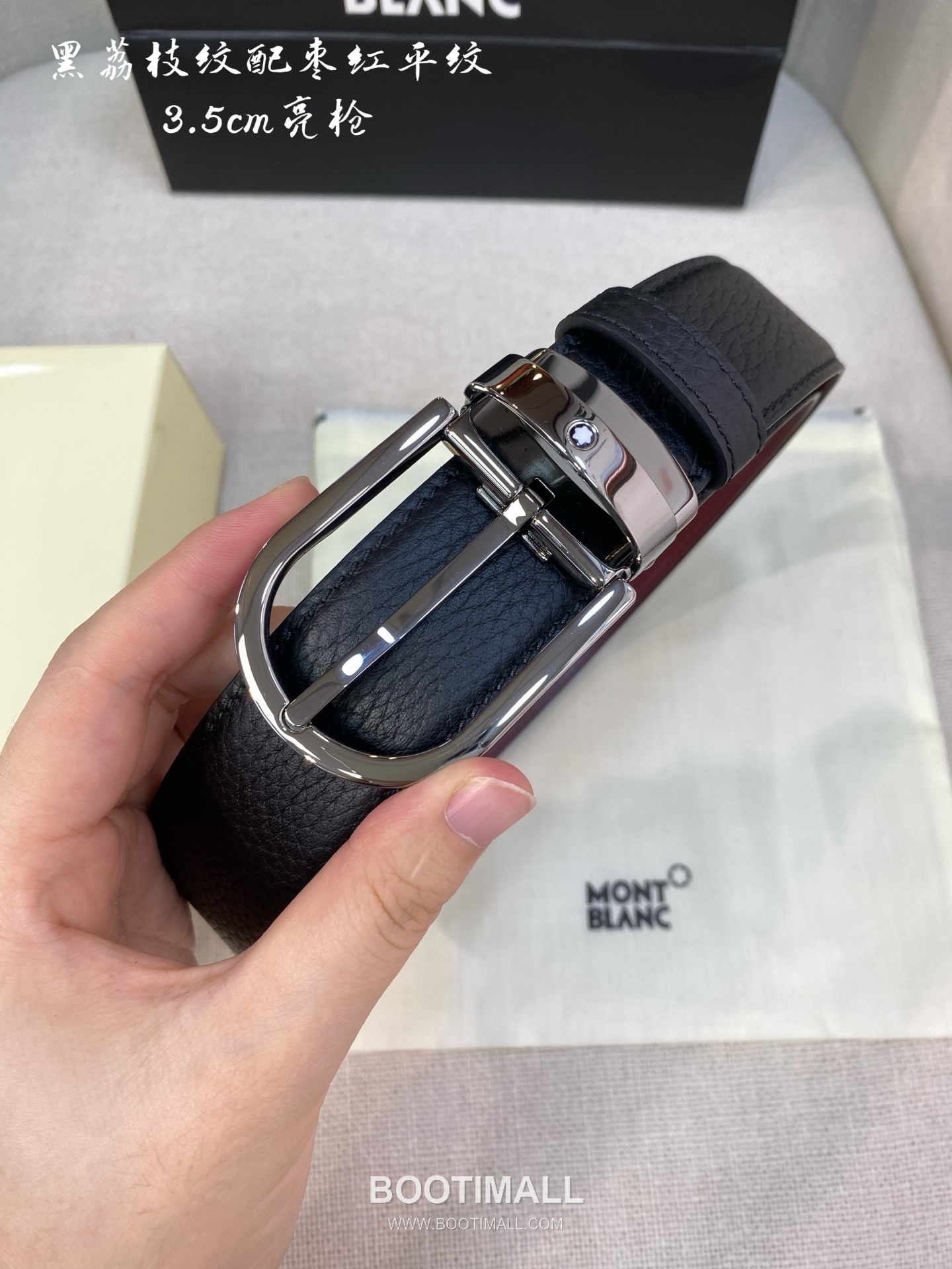 Montblanc Calfskin Leather Belt with Pin Buckle Palladium 몽블랑 카프스킨 레더 벨트 핀 버클 황동 베이스 팔라듐 피니시 3.5cm 4