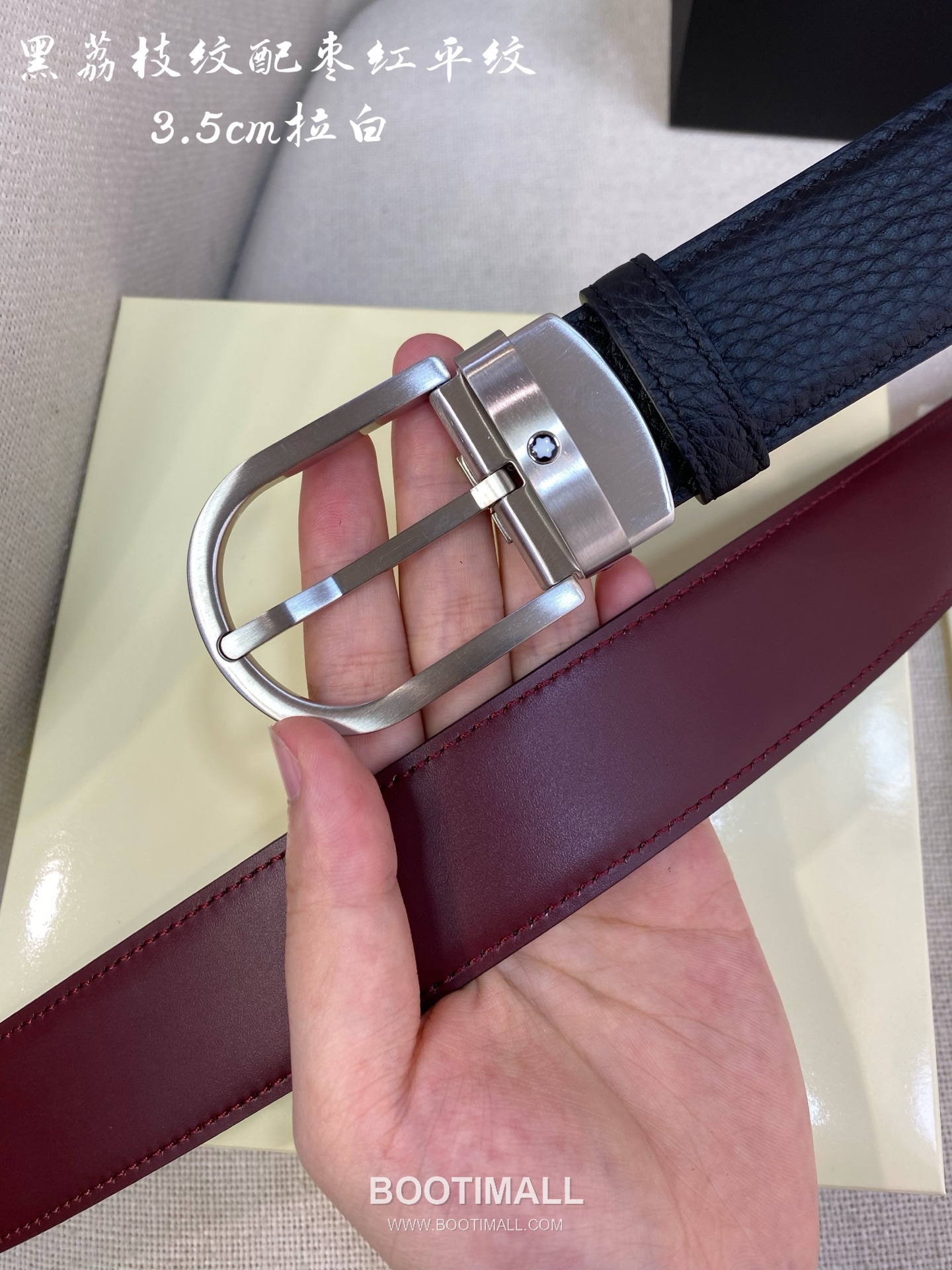 Montblanc Calfskin Leather Belt with Pin Buckle Palladium 몽블랑 카프스킨 레더 벨트 핀 버클 황동 베이스 팔라듐 피니시 3.5cm 3
