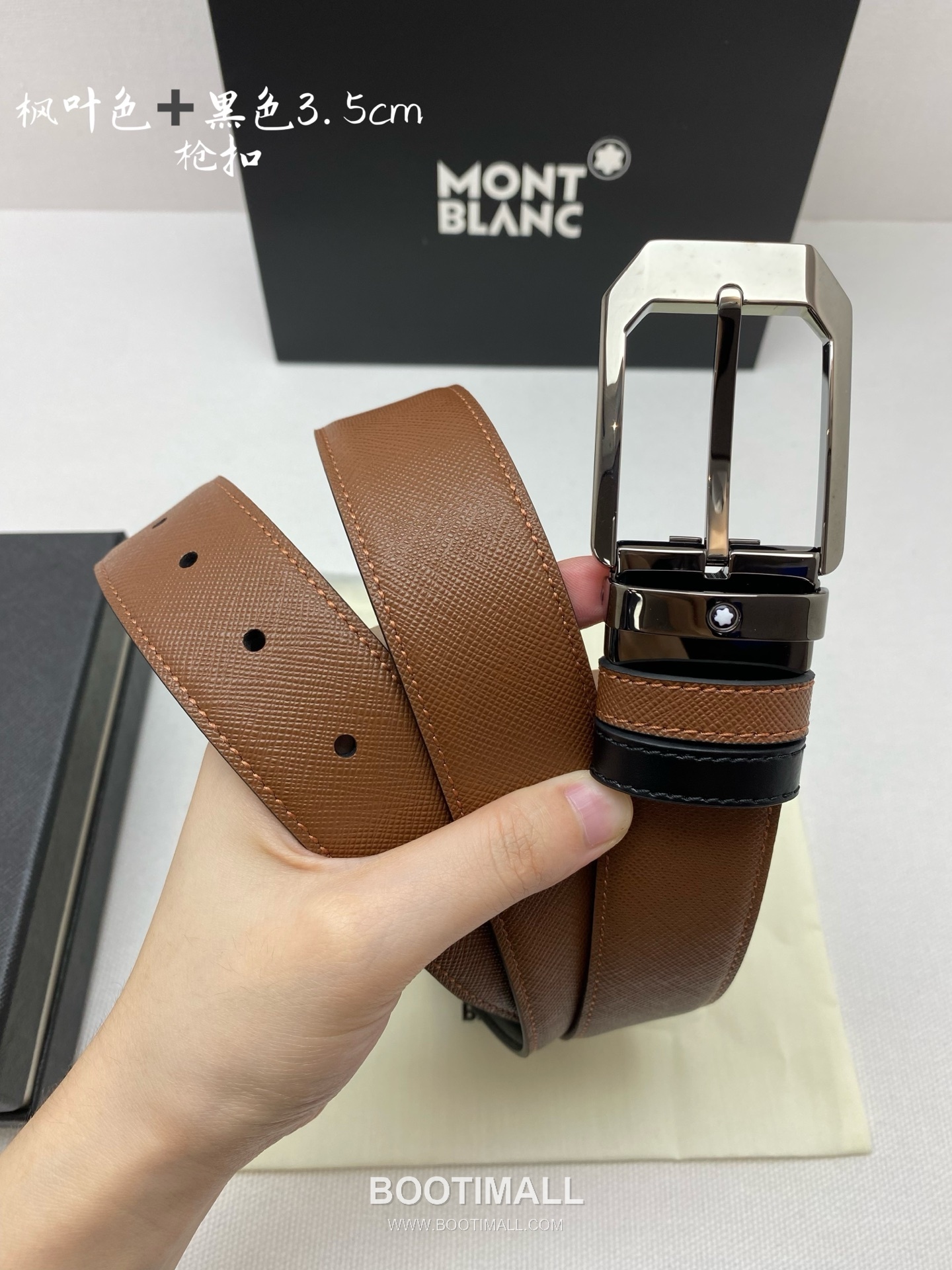 Montblanc Calfskin Leather Belt with Pin Buckle Palladium 몽블랑 카프스킨 레더 벨트 핀 버클 황동 베이스 팔라듐 피니시 3.5cm 3