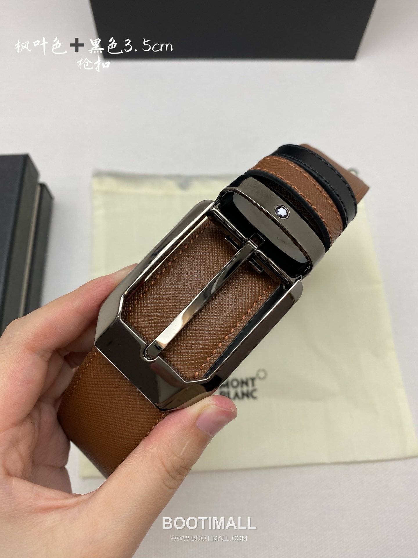 Montblanc Calfskin Leather Belt with Pin Buckle Palladium 몽블랑 카프스킨 레더 벨트 핀 버클 황동 베이스 팔라듐 피니시 3.5cm 4
