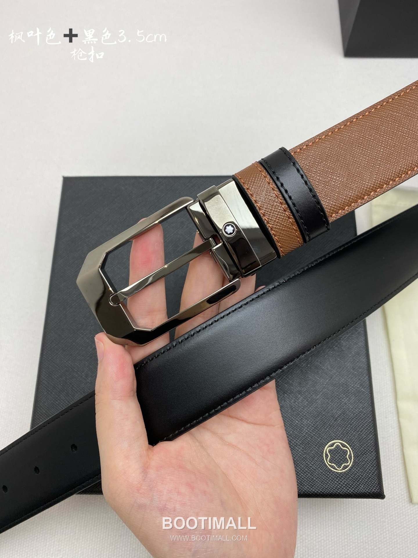 Montblanc Calfskin Leather Belt with Pin Buckle Palladium 몽블랑 카프스킨 레더 벨트 핀 버클 황동 베이스 팔라듐 피니시 3.5cm 5