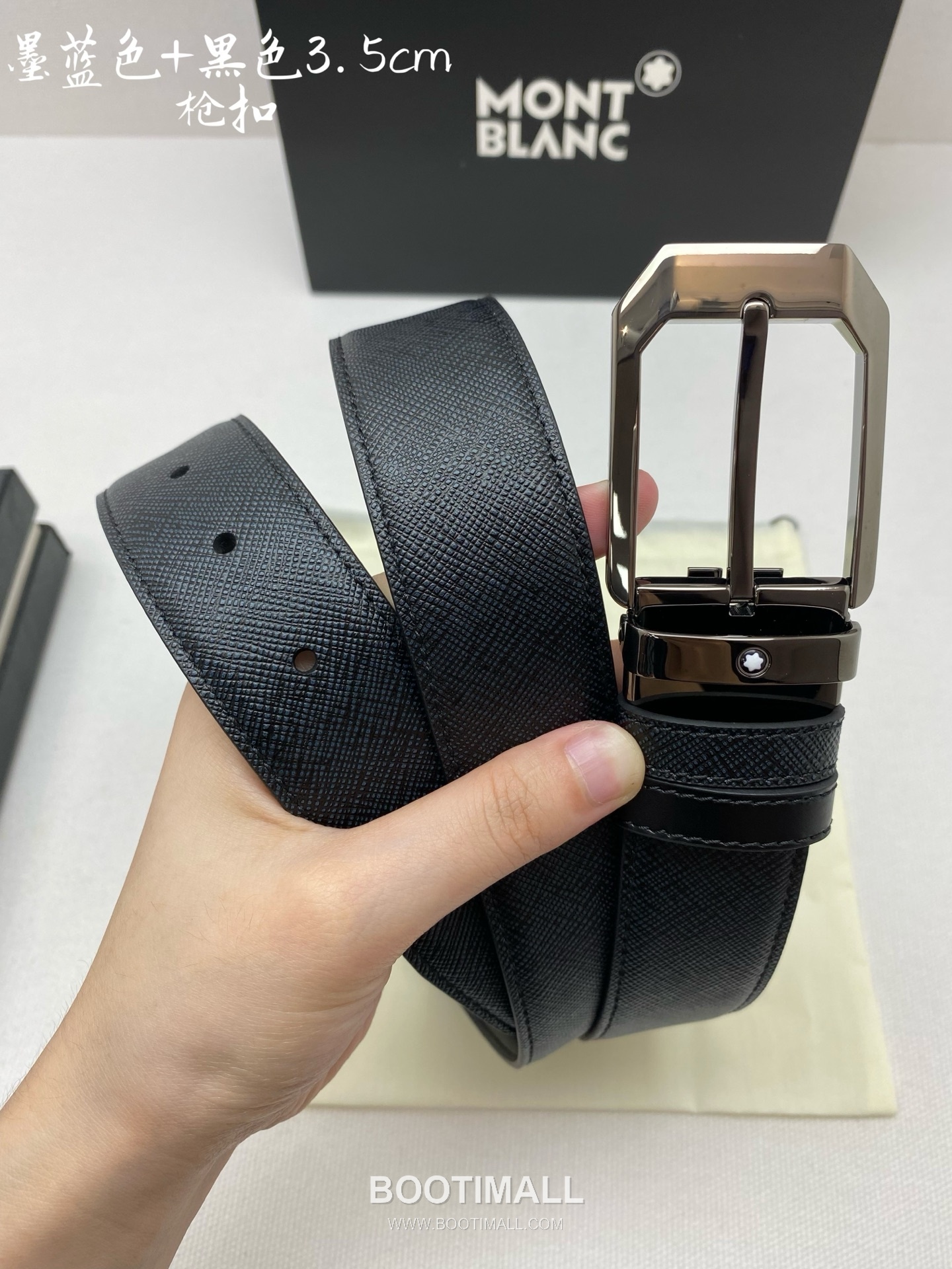 Montblanc Calfskin Leather Belt with Pin Buckle Palladium 몽블랑 카프스킨 레더 벨트 핀 버클 황동 베이스 팔라듐 피니시 3.5cm 3