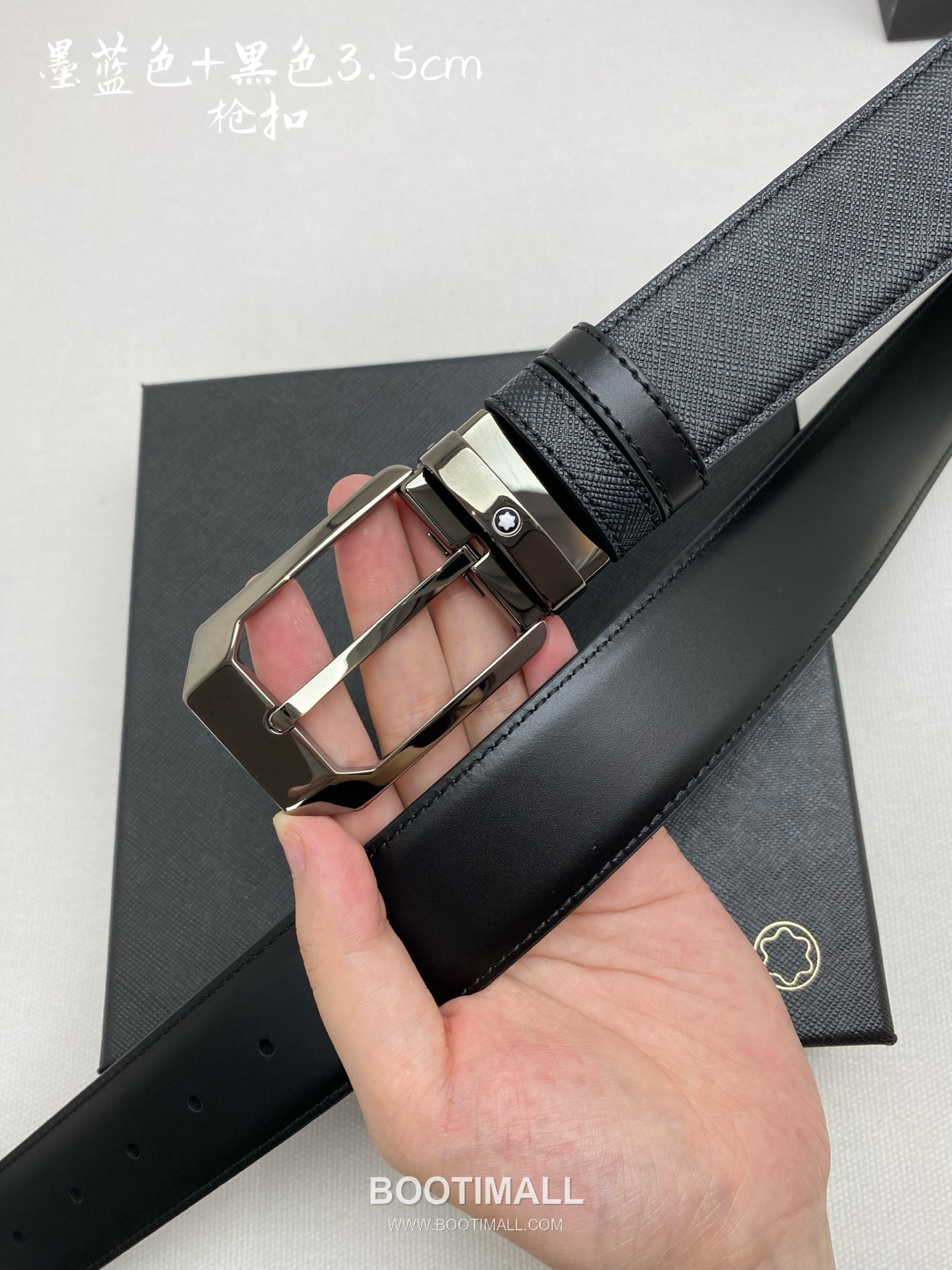 Montblanc Calfskin Leather Belt with Pin Buckle Palladium 몽블랑 카프스킨 레더 벨트 핀 버클 황동 베이스 팔라듐 피니시 3.5cm 5