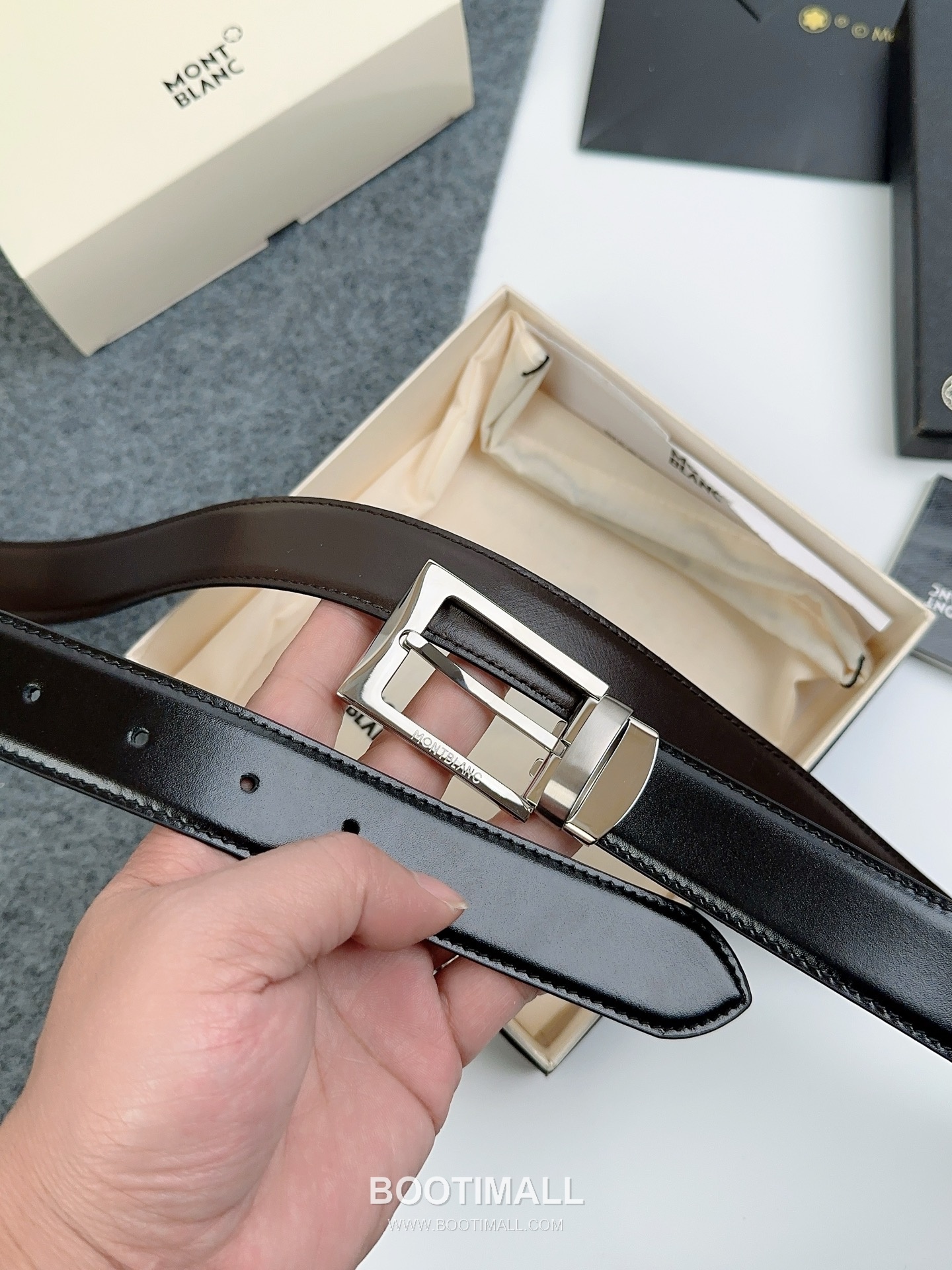 Montblanc Calfskin Leather Reversible Belt with Pin Buckle Palladium 몽블랑 카프스킨 레더 리버서블 벨트 핀 버클 황동 베이스 팔라듐 피니시 3.0cm 7