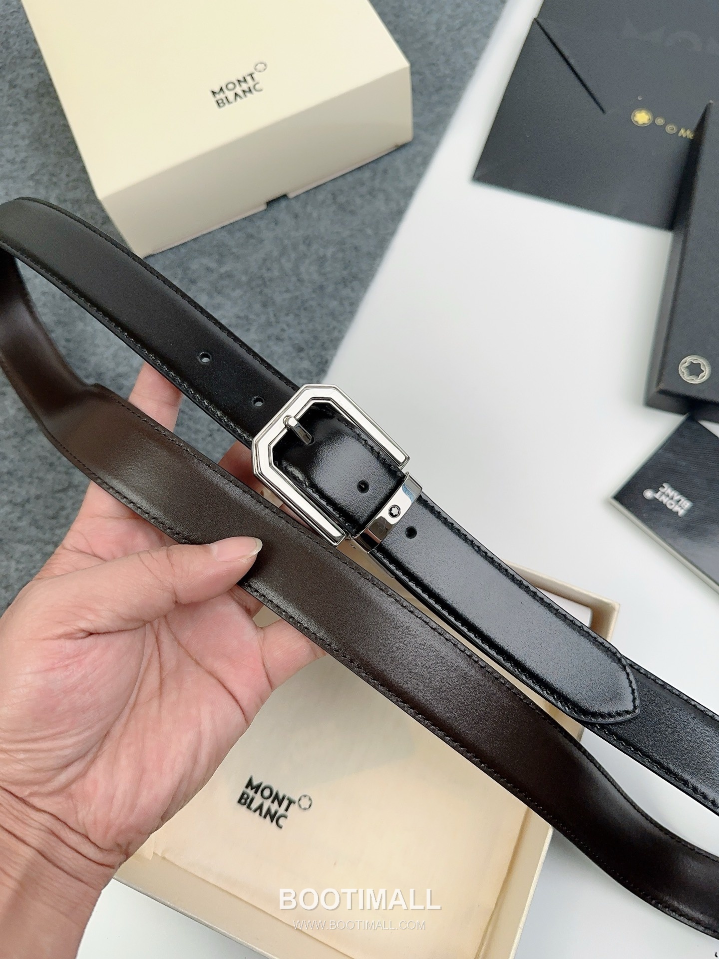 Montblanc Calfskin Leather Reversible Belt with Pin Buckle Palladium 몽블랑 카프스킨 레더 리버서블 벨트 핀 버클 황동 베이스 팔라듐 피니시 3.0cm 4