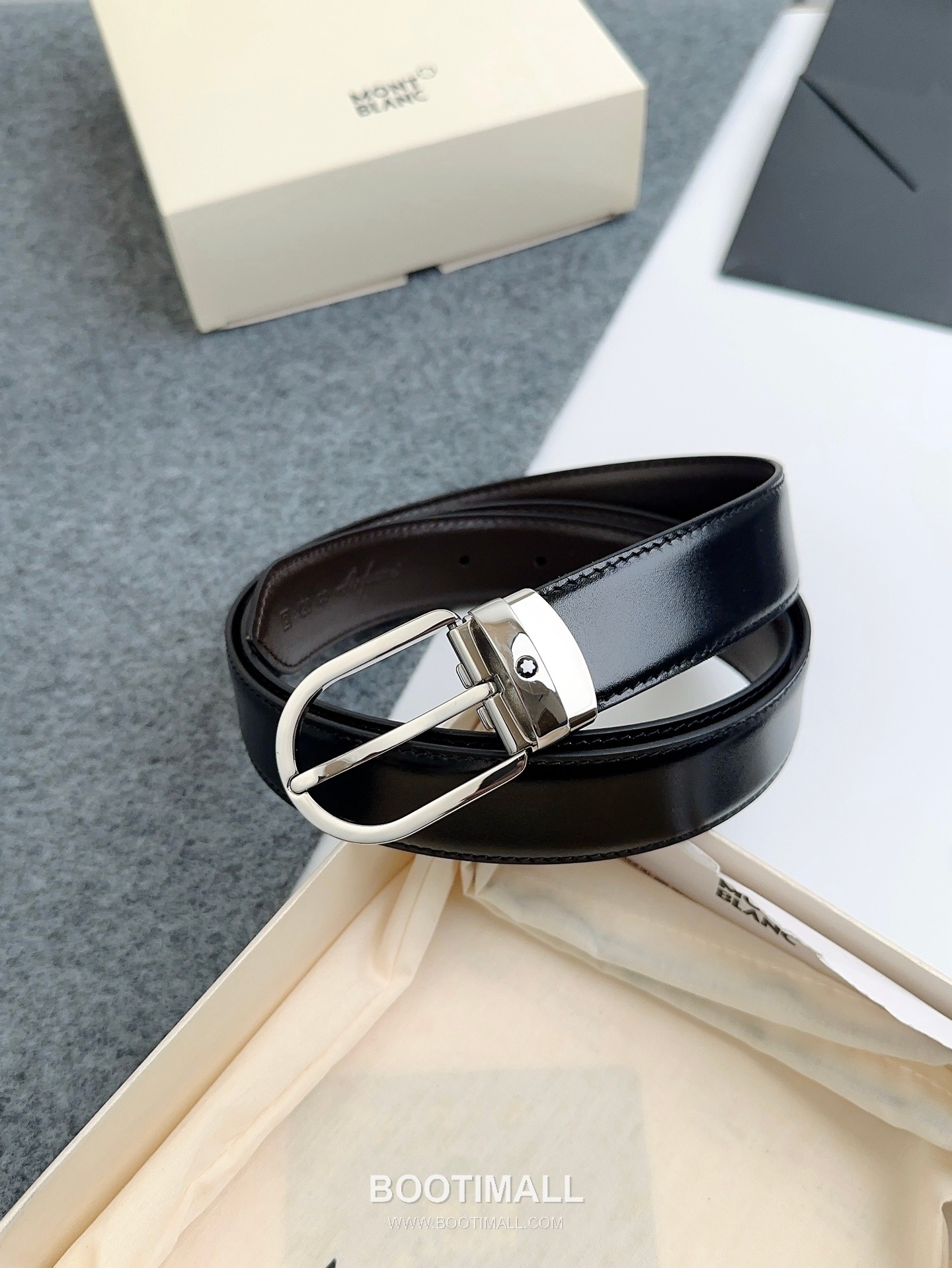 Montblanc Calfskin Leather Reversible Belt with Pin Buckle Palladium 몽블랑 카프스킨 레더 리버서블 벨트 핀 버클 황동 베이스 팔라듐 피니시 3.0cm 1