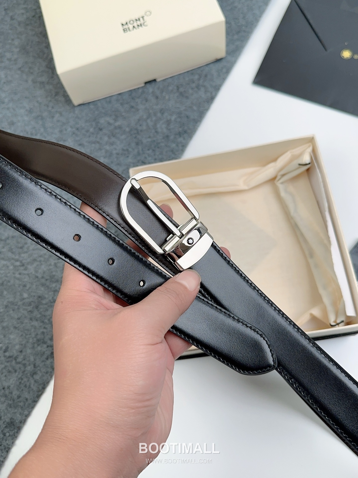 Montblanc Calfskin Leather Reversible Belt with Pin Buckle Palladium 몽블랑 카프스킨 레더 리버서블 벨트 핀 버클 황동 베이스 팔라듐 피니시 3.0cm 7