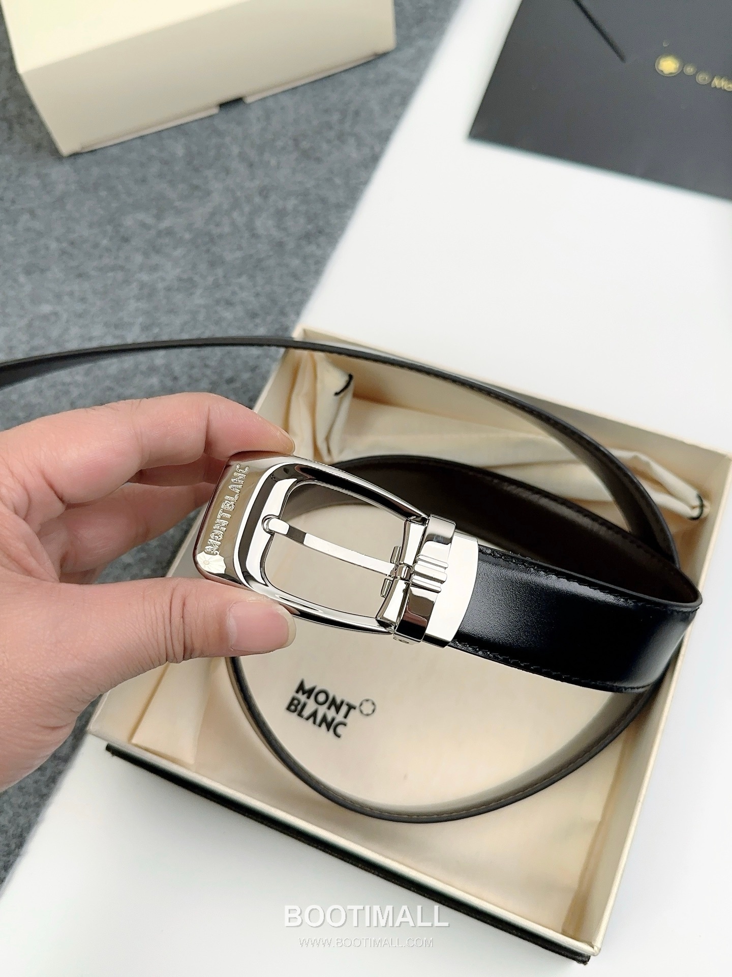 Montblanc Calfskin Leather Reversible Belt with Pin Buckle Palladium 몽블랑 카프스킨 레더 리버서블 벨트 핀 버클 황동 베이스 팔라듐 피니시 3.0cm 6