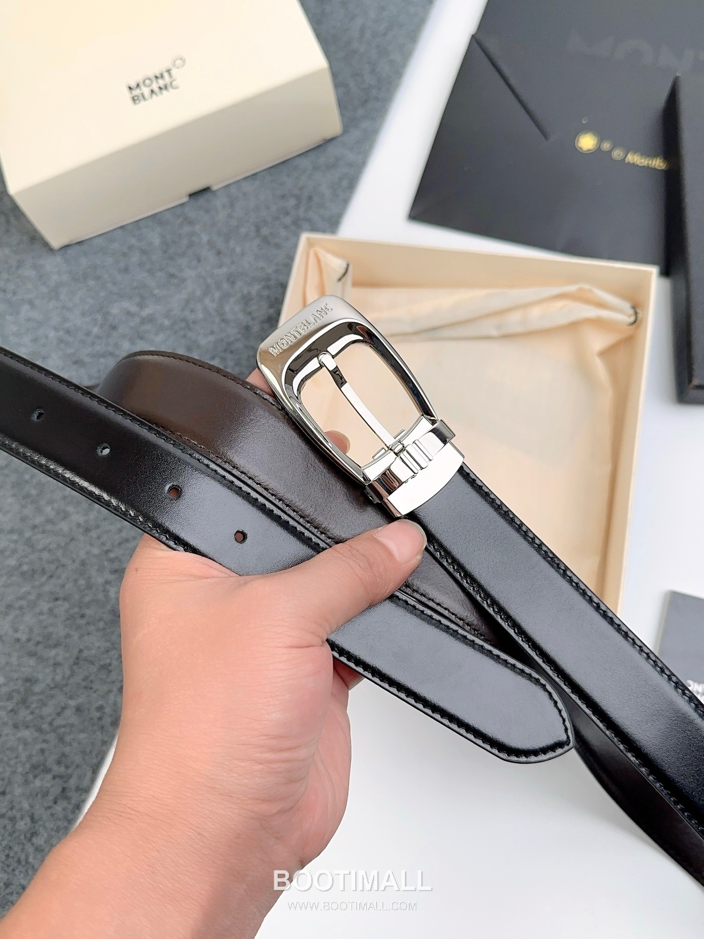 Montblanc Calfskin Leather Reversible Belt with Pin Buckle Palladium 몽블랑 카프스킨 레더 리버서블 벨트 핀 버클 황동 베이스 팔라듐 피니시 3.0cm 7