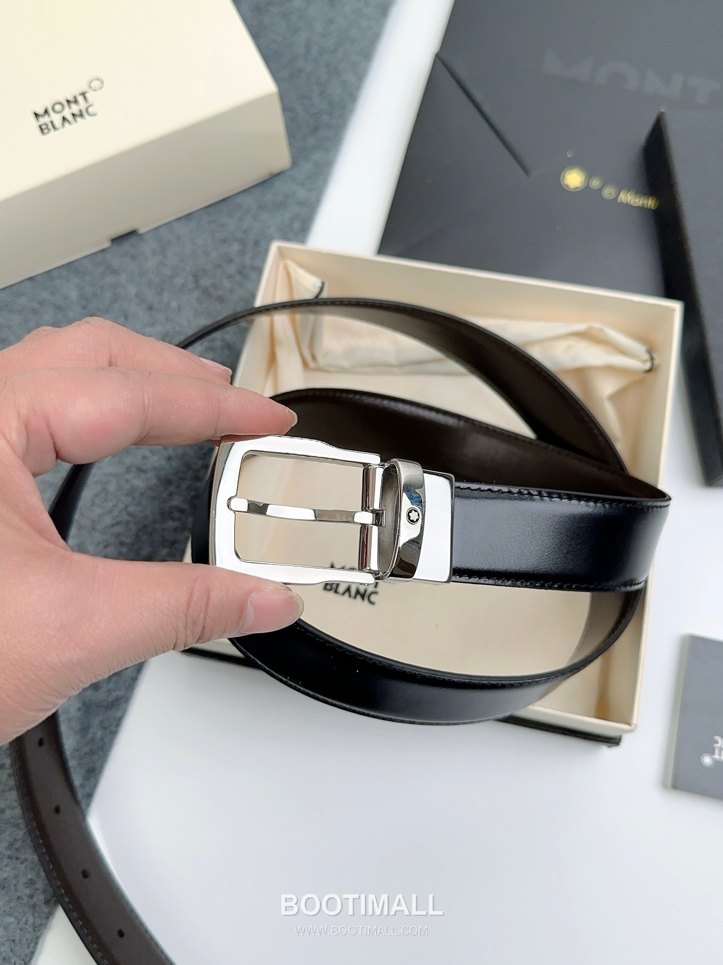 Montblanc Calfskin Leather Reversible Belt with Pin Buckle Palladium 몽블랑 카프스킨 레더 리버서블 벨트 핀 버클 황동 베이스 팔라듐 피니시 3.0cm 6