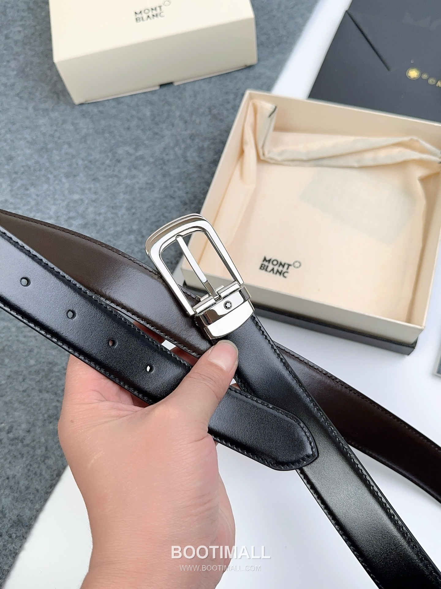 Montblanc Calfskin Leather Reversible Belt with Pin Buckle Palladium 몽블랑 카프스킨 레더 리버서블 벨트 핀 버클 황동 베이스 팔라듐 피니시 3.0cm 7