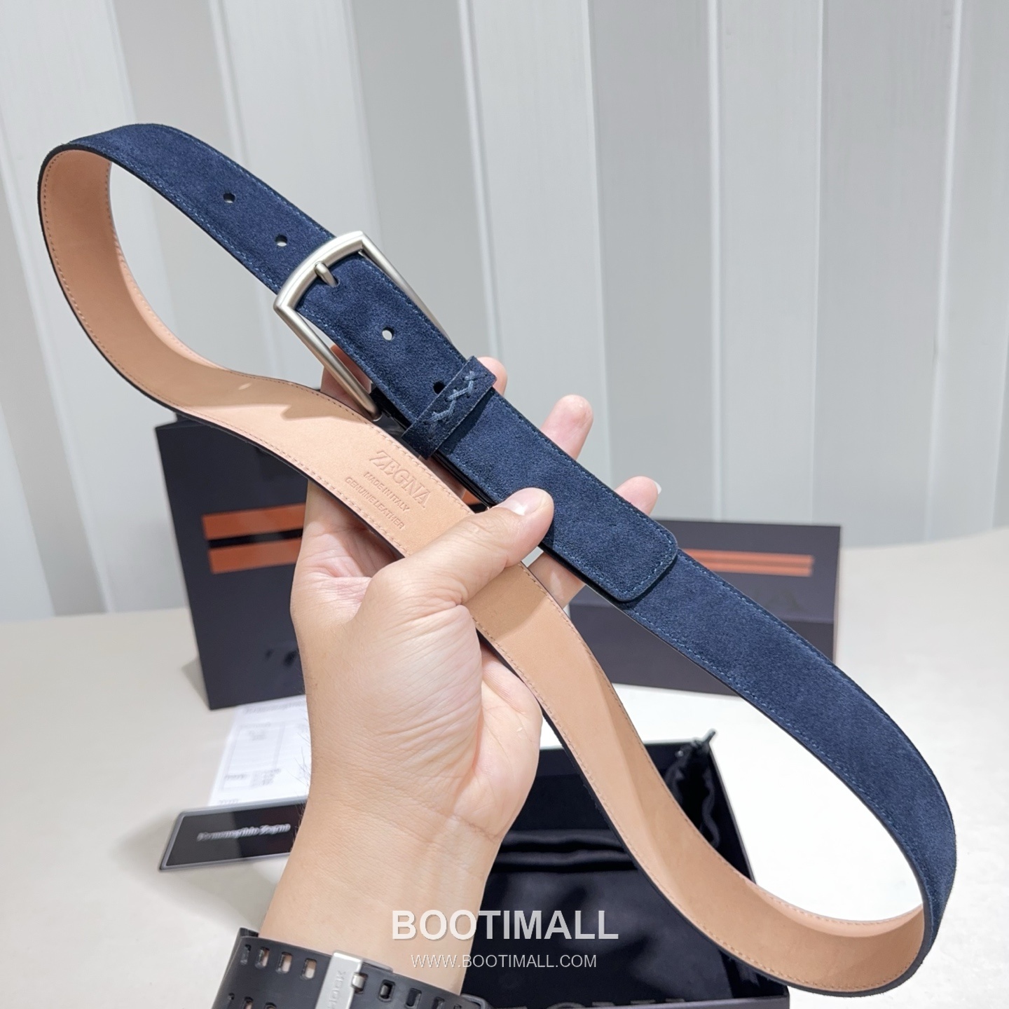 Zegna Suede Calfskin Leather Belt with Pin Buckle Palladium 제냐 스웨이드 카프스킨 레더 벨트 핀 버클 황동 베이스 팔라듐 피니시 3.2cm 2