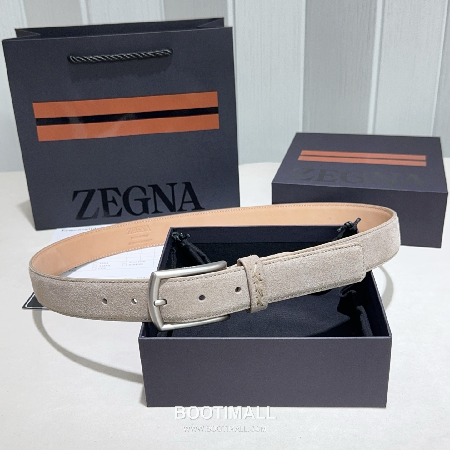 Zegna Suede Calfskin Leather Belt with Pin Buckle Palladium 제냐 스웨이드 카프스킨 레더 벨트 핀 버클 황동 베이스 팔라듐 피니시 3.2cm 1