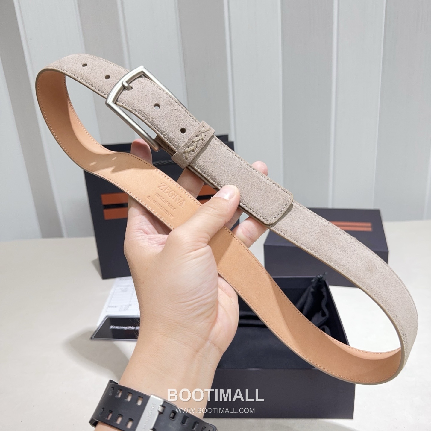 Zegna Suede Calfskin Leather Belt with Pin Buckle Palladium 제냐 스웨이드 카프스킨 레더 벨트 핀 버클 황동 베이스 팔라듐 피니시 3.2cm 2