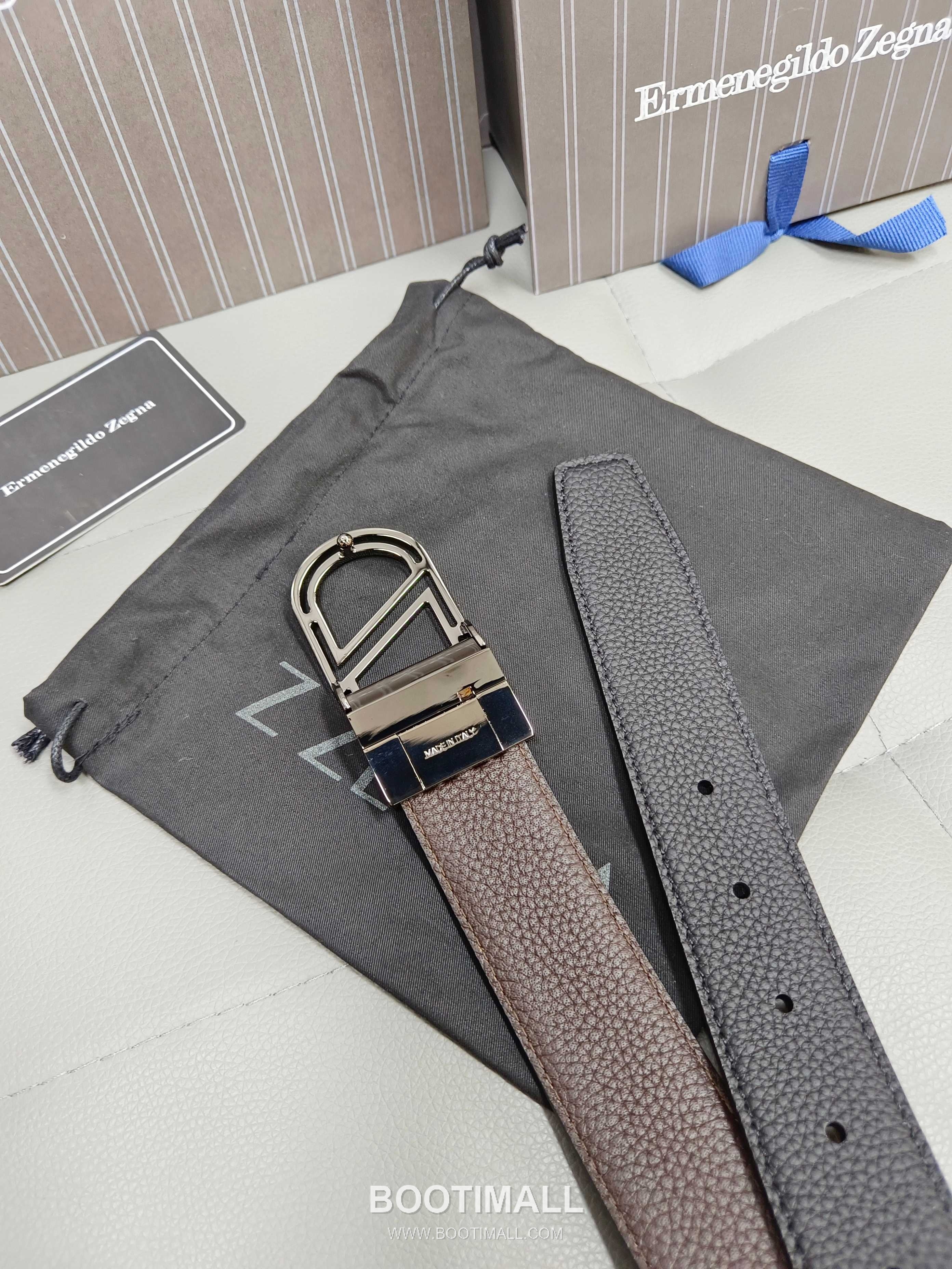 Zegna Calfskin Leather Belt with Gancio Buckle Palladium 제냐 카프스킨 레더 벨트 간치니 버클 황동 베이스 팔라듐 피니시 3.5cm 3