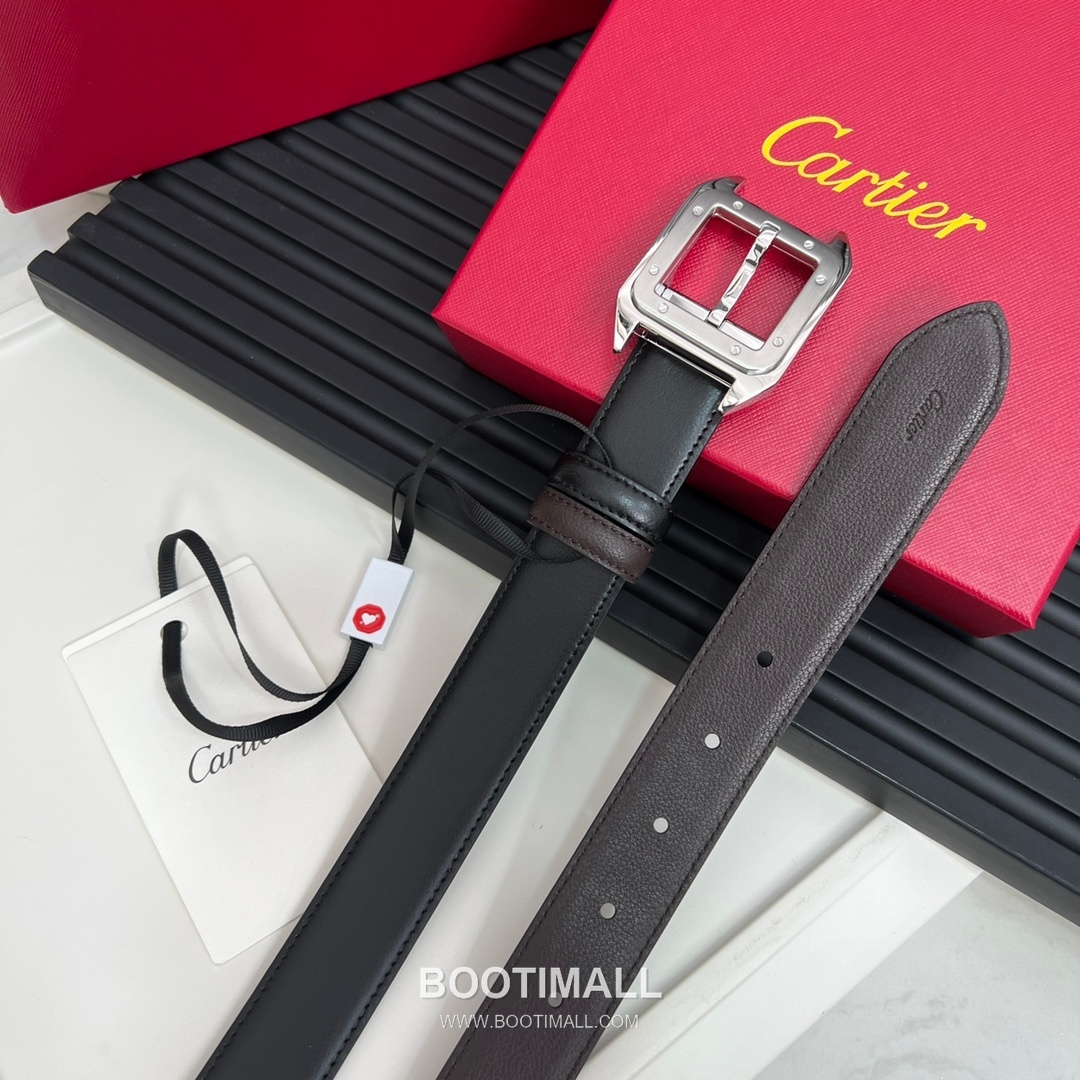 Cartier Calfskin Embossed Leather Reversible Belt with Logo Pin Buckle Palladium 까르띠에 카프스킨 엠보싱 레더 리버서블 벨트 로고 핀 버클 황동 베이스 팔라듐 피니시 3.5cm 4