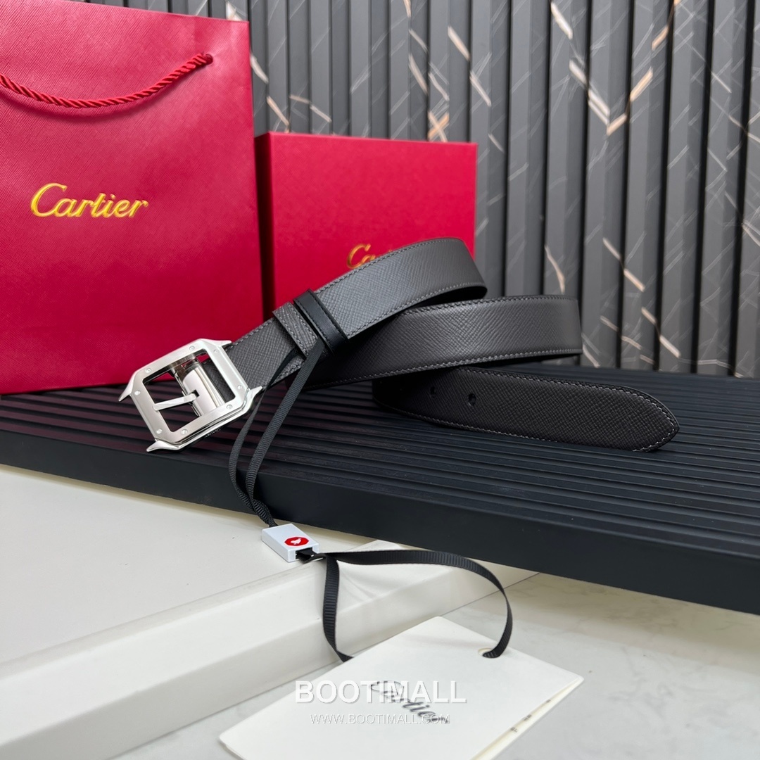 Cartier Calfskin Embossed Leather Reversible Belt with Logo Pin Buckle Palladium 까르띠에 카프스킨 엠보싱 레더 리버서블 벨트 로고 핀 버클 황동 베이스 팔라듐 피니시 3.5cm 2