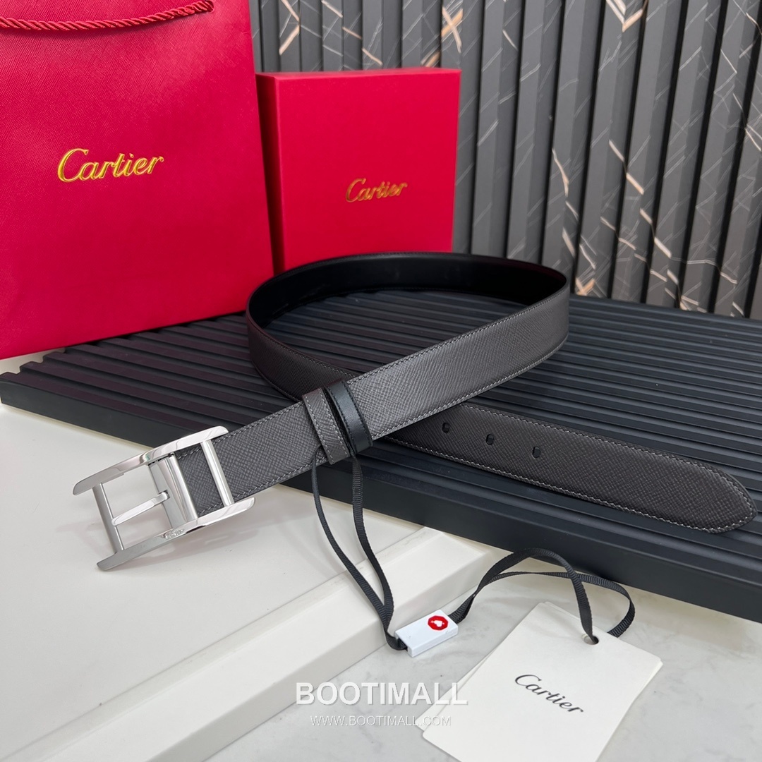 Cartier Calfskin Embossed Leather Reversible Belt with Logo Pin Buckle Palladium 까르띠에 카프스킨 엠보싱 레더 리버서블 벨트 로고 핀 버클 황동 베이스 팔라듐 피니시 3.5cm 1