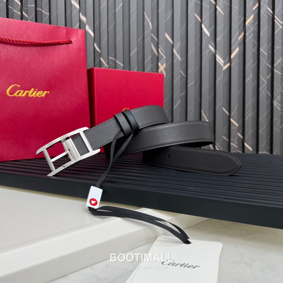 Cartier Calfskin Embossed Leather Reversible Belt with Logo Pin Buckle Palladium 까르띠에 카프스킨 엠보싱 레더 리버서블 벨트 로고 핀 버클 황동 베이스 팔라듐 피니시 3.5cm 2
