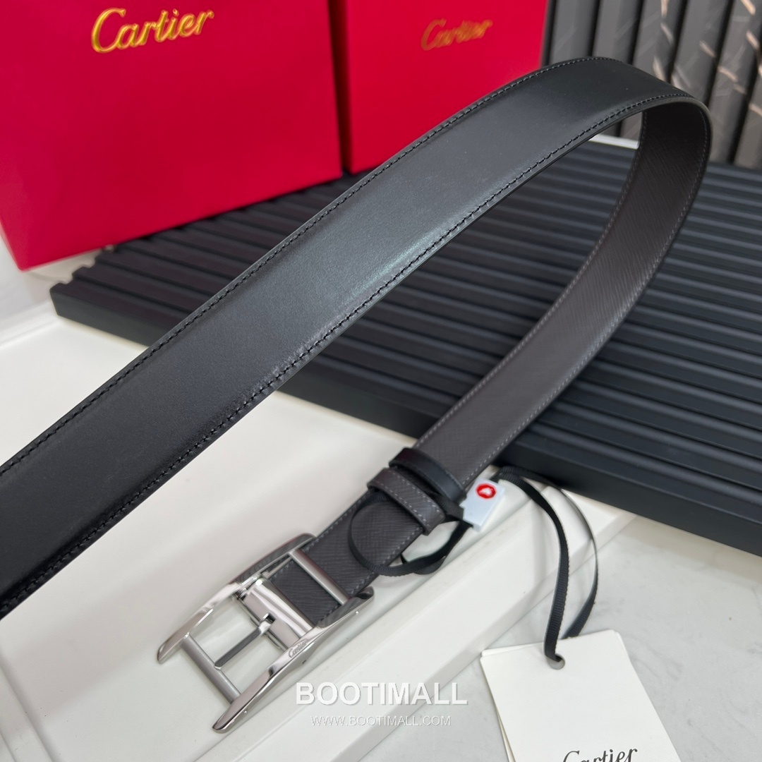 Cartier Calfskin Embossed Leather Reversible Belt with Logo Pin Buckle Palladium 까르띠에 카프스킨 엠보싱 레더 리버서블 벨트 로고 핀 버클 황동 베이스 팔라듐 피니시 3.5cm 3