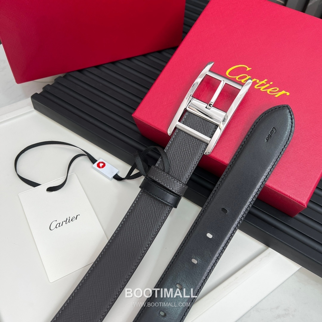 Cartier Calfskin Embossed Leather Reversible Belt with Logo Pin Buckle Palladium 까르띠에 카프스킨 엠보싱 레더 리버서블 벨트 로고 핀 버클 황동 베이스 팔라듐 피니시 3.5cm 4