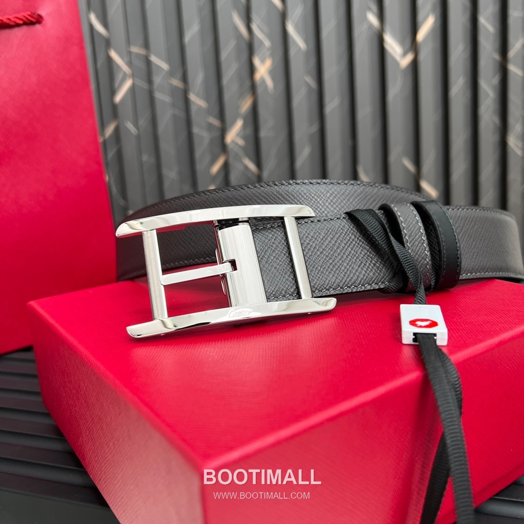 Cartier Calfskin Embossed Leather Reversible Belt with Logo Pin Buckle Palladium 까르띠에 카프스킨 엠보싱 레더 리버서블 벨트 로고 핀 버클 황동 베이스 팔라듐 피니시 3.5cm 5