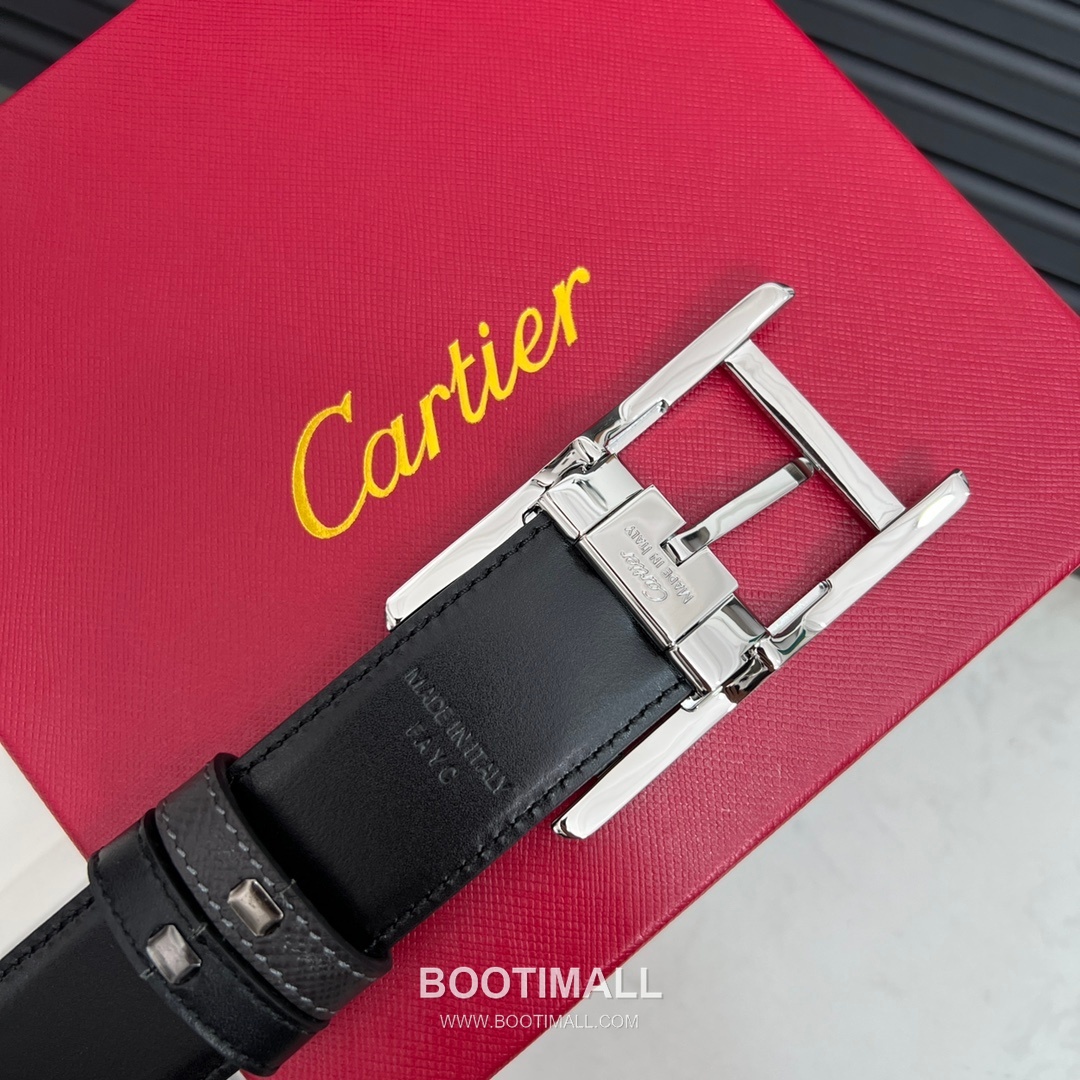 Cartier Calfskin Embossed Leather Reversible Belt with Logo Pin Buckle Palladium 까르띠에 카프스킨 엠보싱 레더 리버서블 벨트 로고 핀 버클 황동 베이스 팔라듐 피니시 3.5cm 6