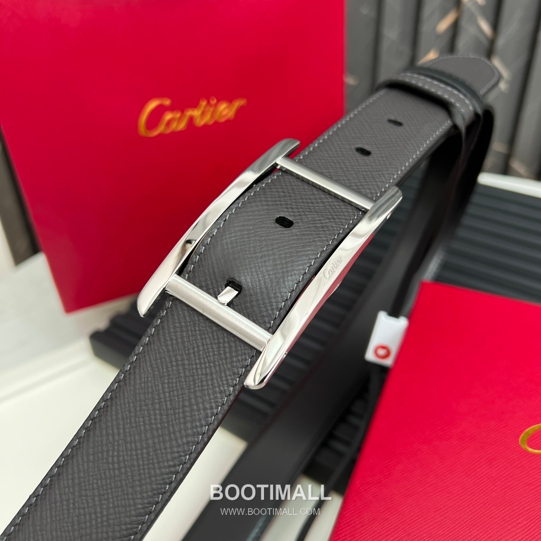 Cartier Calfskin Embossed Leather Reversible Belt with Logo Pin Buckle Palladium 까르띠에 카프스킨 엠보싱 레더 리버서블 벨트 로고 핀 버클 황동 베이스 팔라듐 피니시 3.5cm 7