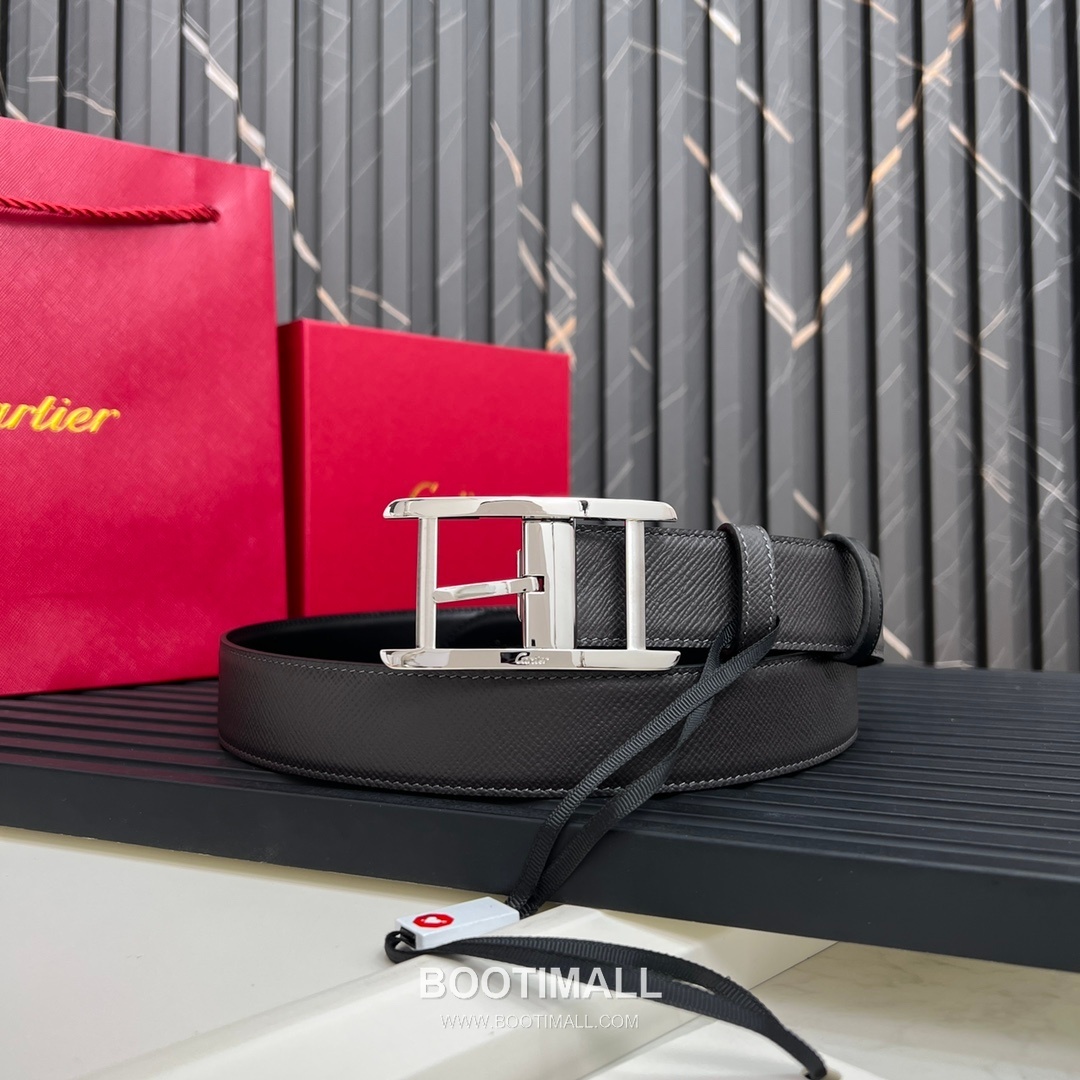 Cartier Calfskin Embossed Leather Reversible Belt with Logo Pin Buckle Palladium 까르띠에 카프스킨 엠보싱 레더 리버서블 벨트 로고 핀 버클 황동 베이스 팔라듐 피니시 3.5cm 9