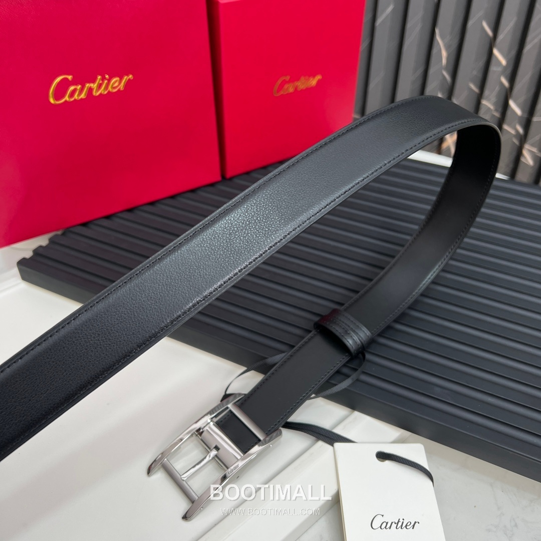 Cartier Calfskin Embossed Leather Reversible Belt with Logo Pin Buckle Palladium 까르띠에 카프스킨 엠보싱 레더 리버서블 벨트 로고 핀 버클 황동 베이스 팔라듐 피니시 3.5cm 3
