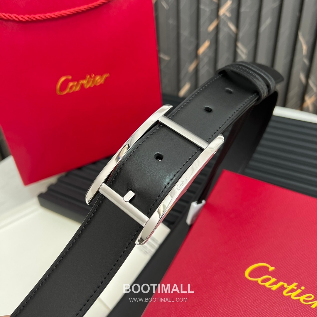 Cartier Calfskin Embossed Leather Reversible Belt with Logo Pin Buckle Palladium 까르띠에 카프스킨 엠보싱 레더 리버서블 벨트 로고 핀 버클 황동 베이스 팔라듐 피니시 3.5cm 7