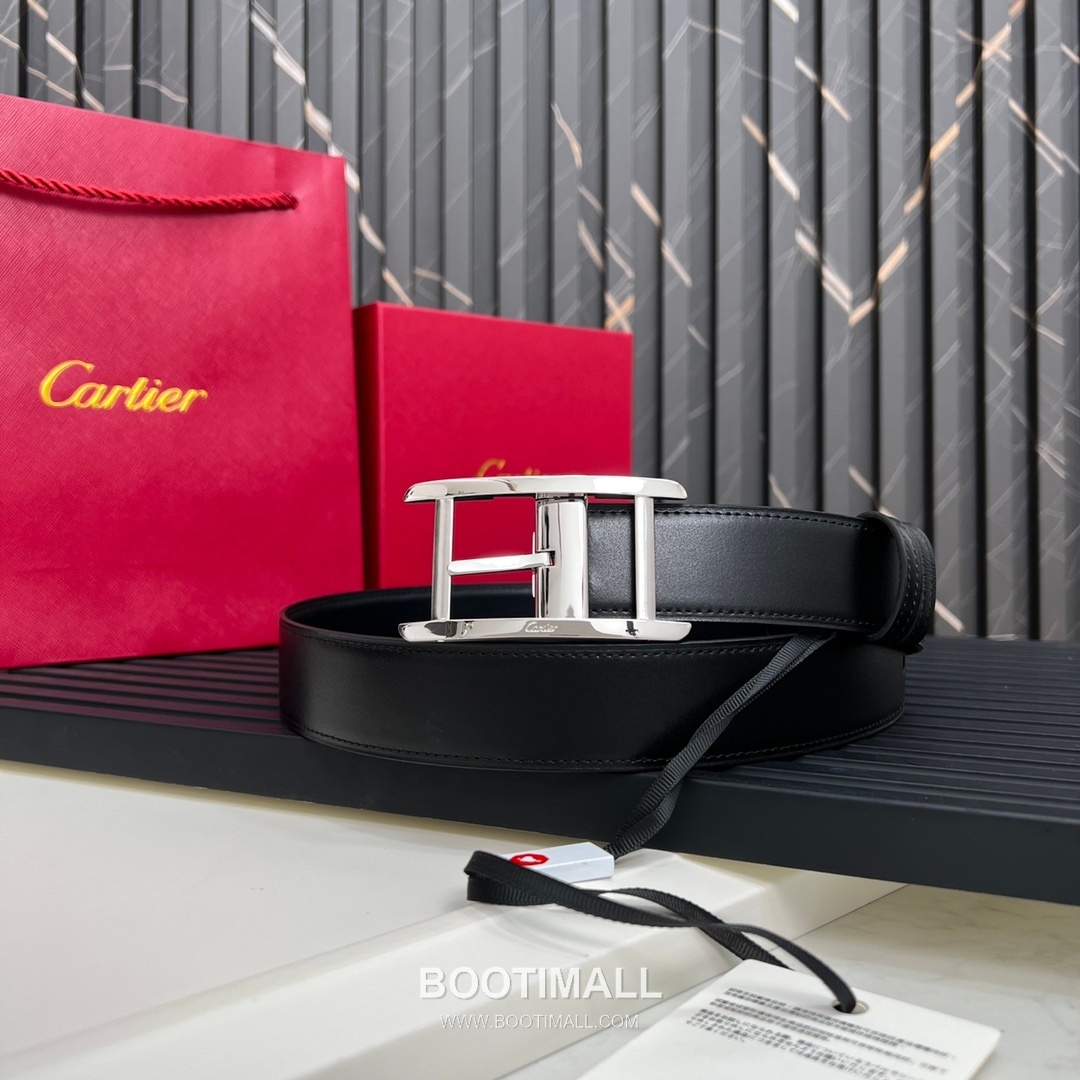 Cartier Calfskin Embossed Leather Reversible Belt with Logo Pin Buckle Palladium 까르띠에 카프스킨 엠보싱 레더 리버서블 벨트 로고 핀 버클 황동 베이스 팔라듐 피니시 3.5cm 9