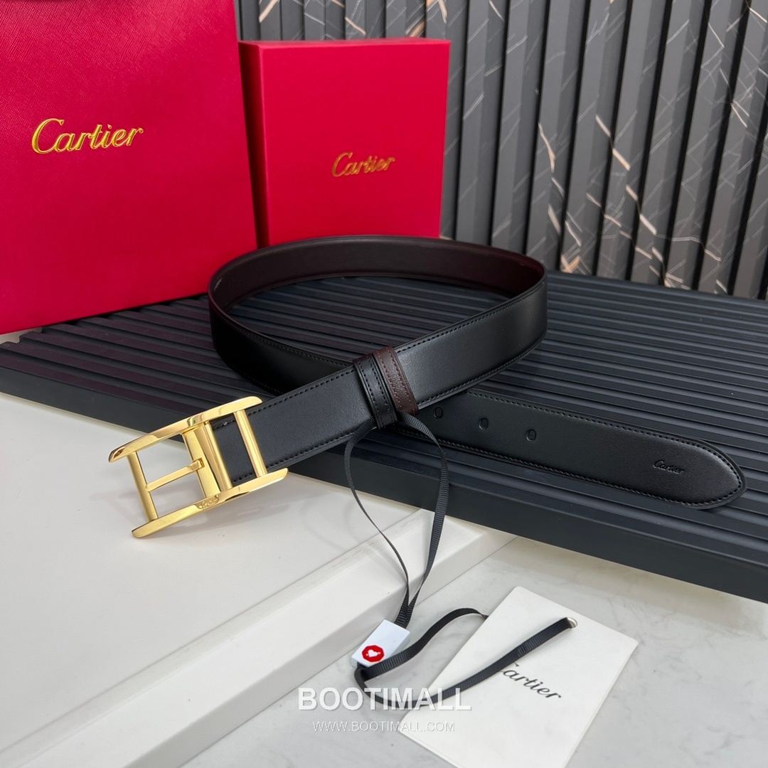 Cartier Calfskin Embossed Leather Reversible Belt with Logo Pin Buckle Palladium 까르띠에 카프스킨 엠보싱 레더 리버서블 벨트 로고 핀 버클 황동 베이스 팔라듐 피니시 3.5cm 1