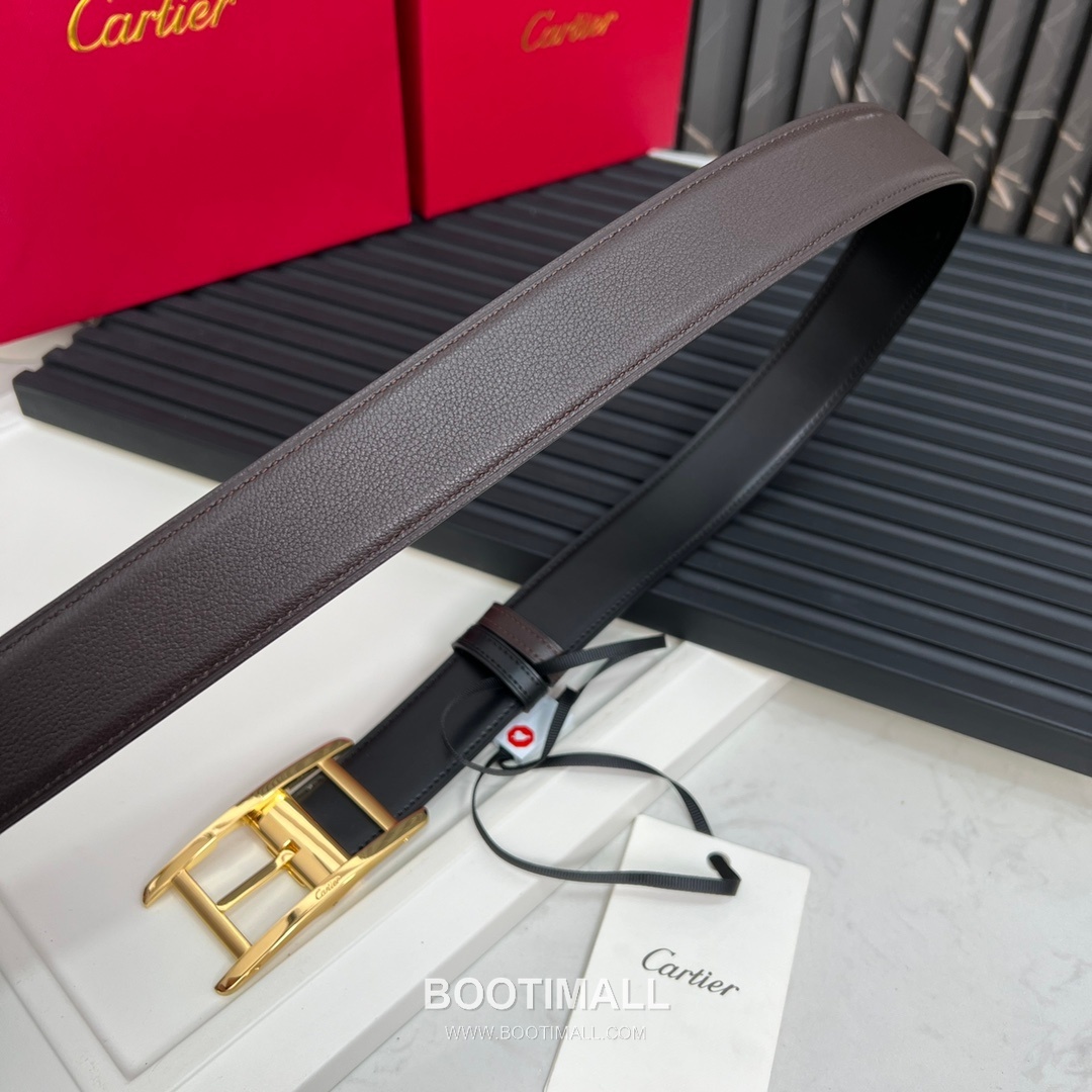 Cartier Calfskin Embossed Leather Reversible Belt with Logo Pin Buckle Palladium 까르띠에 카프스킨 엠보싱 레더 리버서블 벨트 로고 핀 버클 황동 베이스 팔라듐 피니시 3.5cm 3