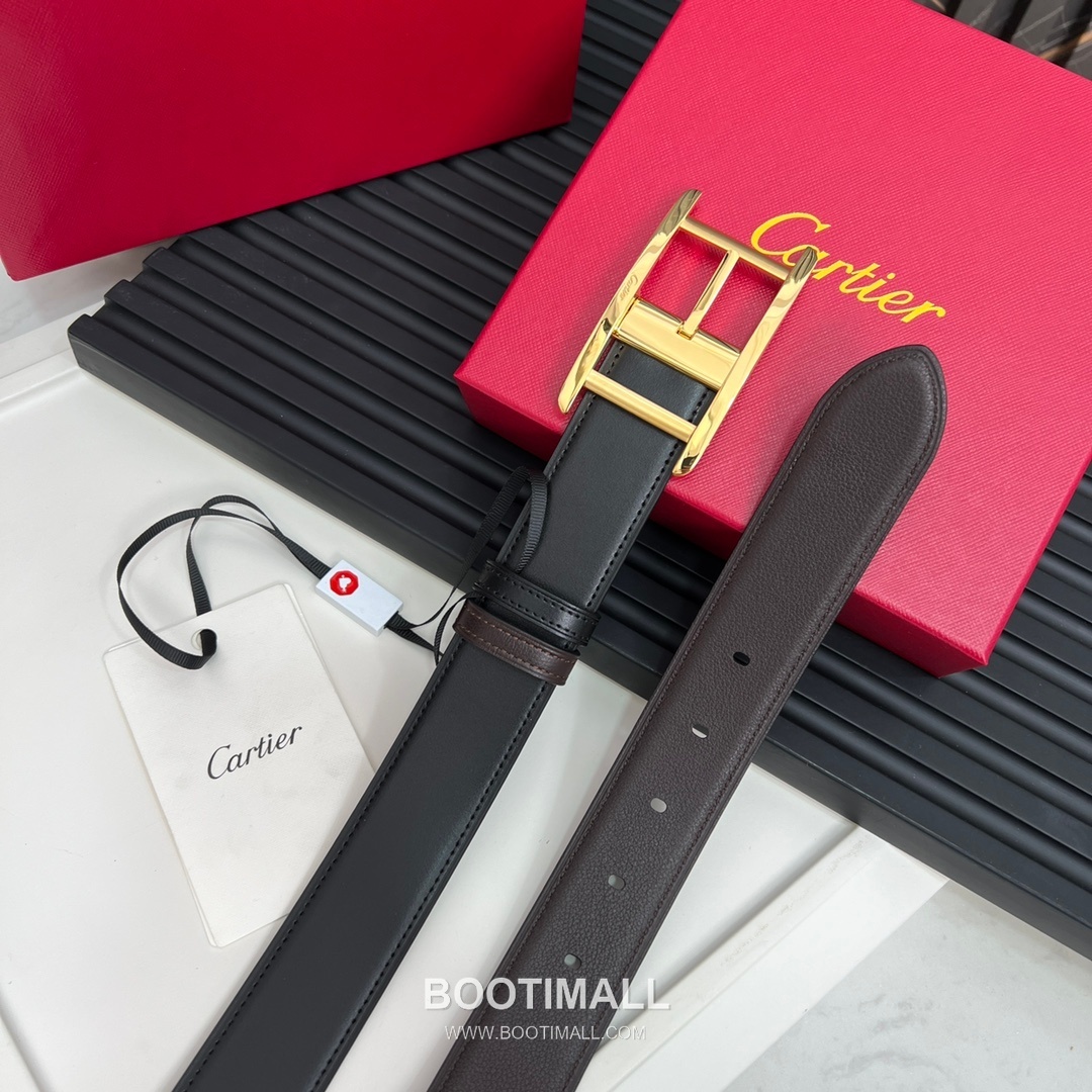 Cartier Calfskin Embossed Leather Reversible Belt with Logo Pin Buckle Palladium 까르띠에 카프스킨 엠보싱 레더 리버서블 벨트 로고 핀 버클 황동 베이스 팔라듐 피니시 3.5cm 4