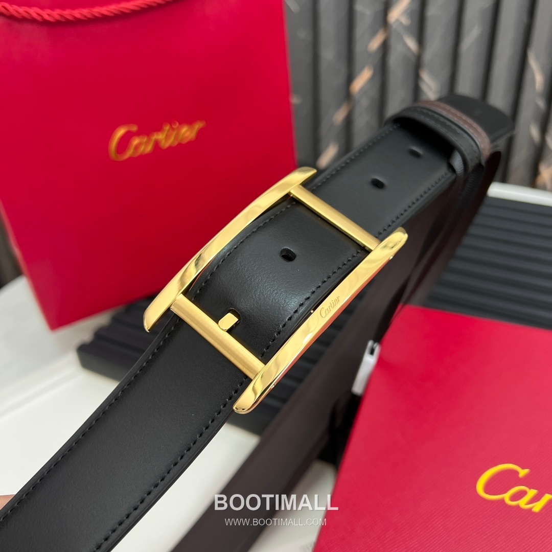 Cartier Calfskin Embossed Leather Reversible Belt with Logo Pin Buckle Palladium 까르띠에 카프스킨 엠보싱 레더 리버서블 벨트 로고 핀 버클 황동 베이스 팔라듐 피니시 3.5cm 7