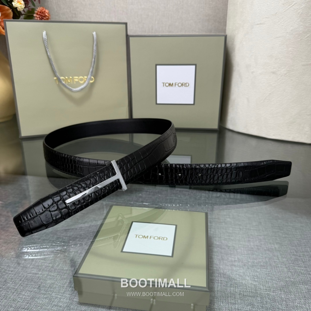 Tom Ford Calfskin Leather Reversible Belt with Logo Buckle Gold-Plated 톰포드 카프스킨 레더 리버서블 벨트 로고 버클 황동 베이스 금도금 3.5cm 3